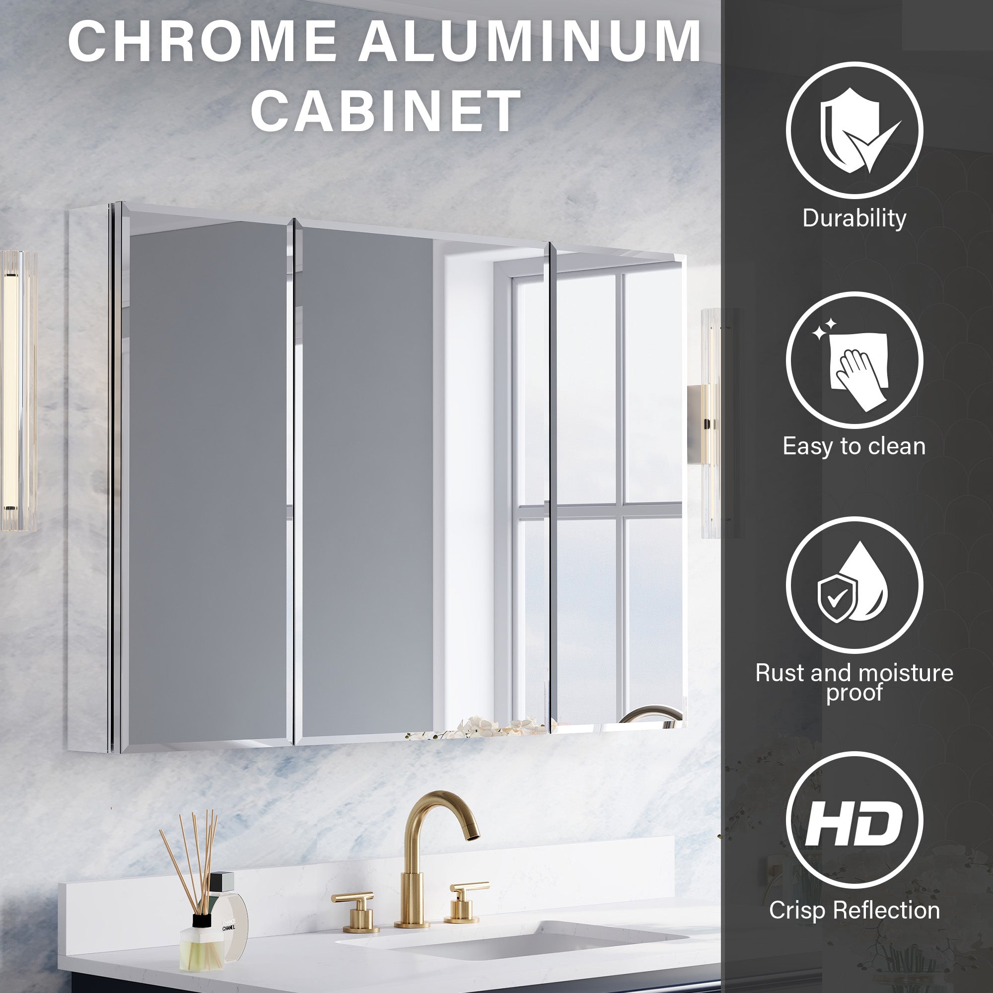44 in.×30 in.H Copper-Free Mirror Medicine Cabinet with Beveled Mirror Door, Recessed or Surface Mount, Adjustable Shelves