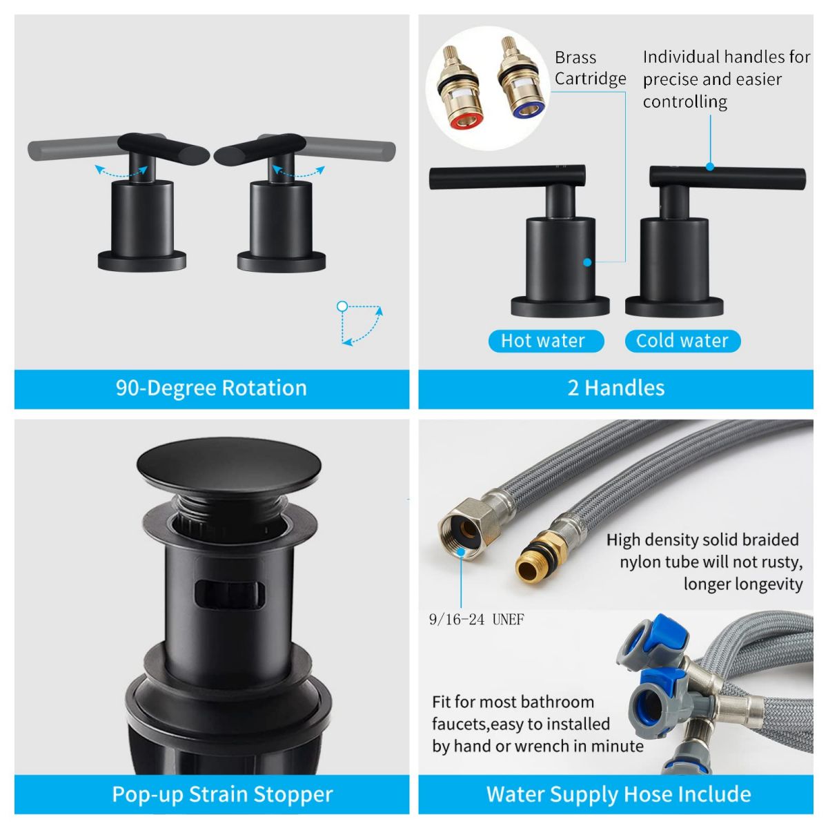 Matte Black 8 Inch Widespread Waterfall Bathroom Faucet 2 Handle with Pop Up Drain