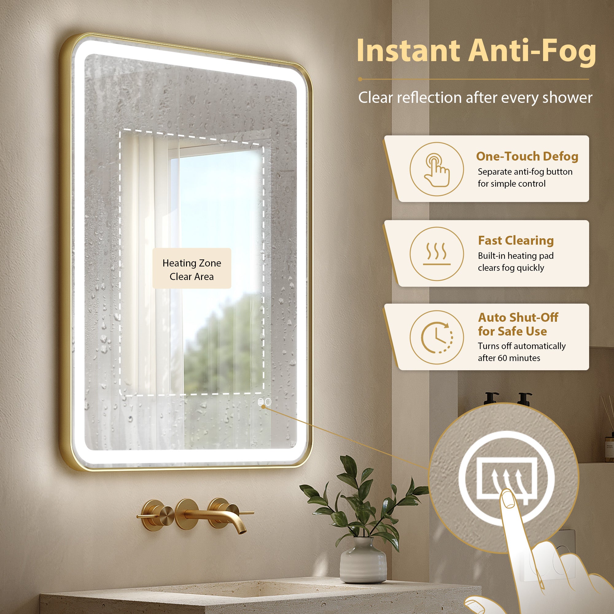 28 in. x 36 in. Framed LED Bathroom Mirror in Brushed Gold with Rounded Corners, Dimmable Lighted, Anti-Fog