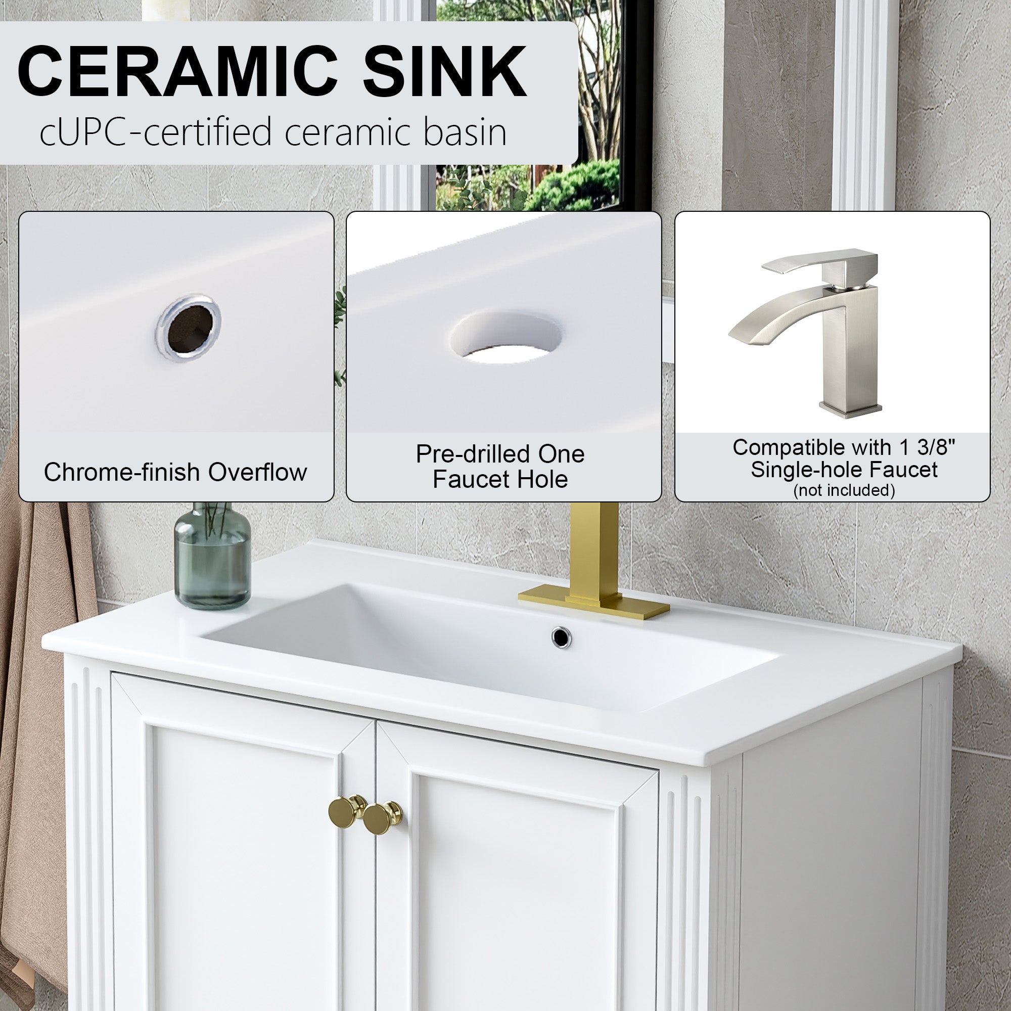 30 Inch Solid Wood Bathroom Vanity with cUPC Ceramic Basin, Soft-Close Doors and Brushed Gold Alloy Knobs
