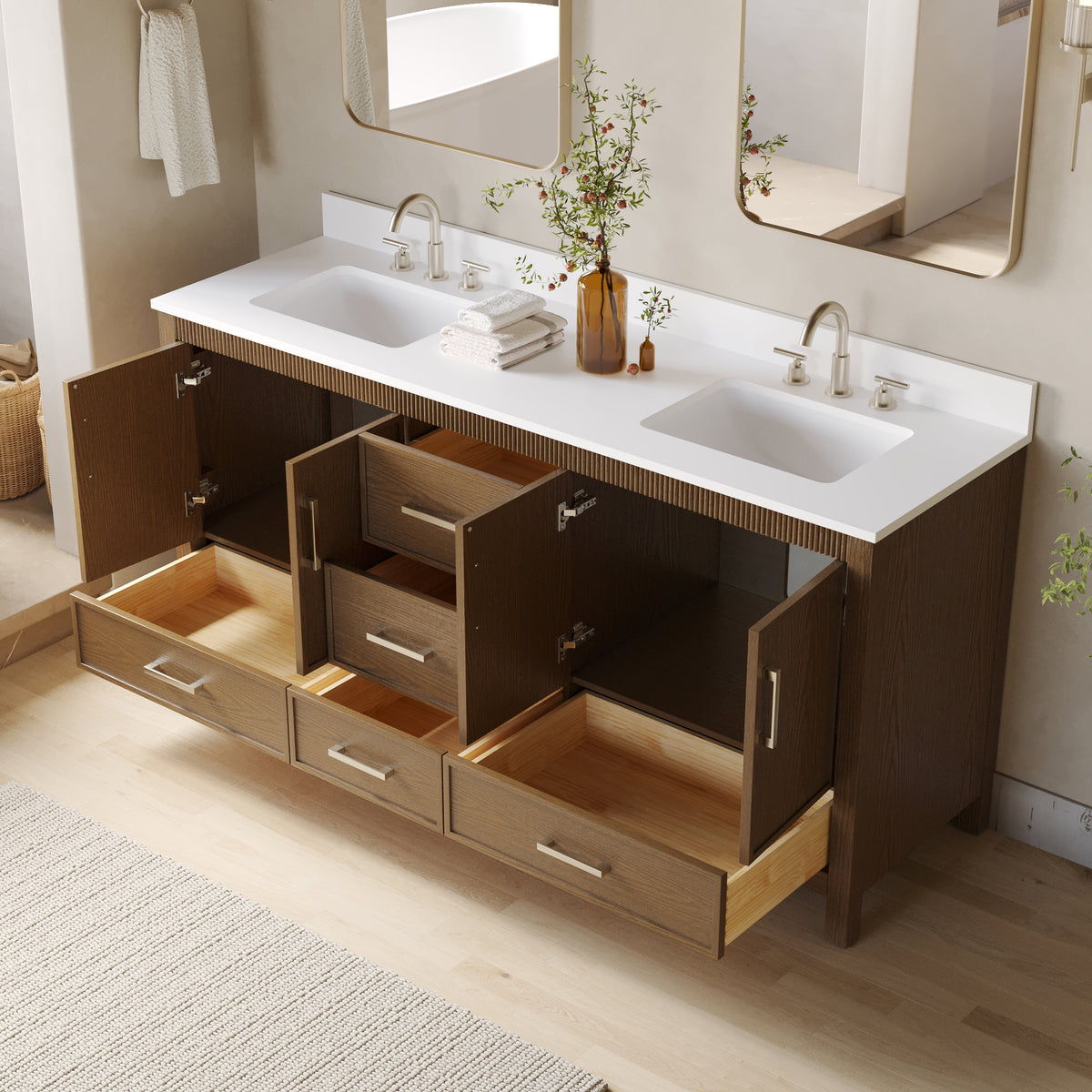 72 Inch Freestanding Solid Wood Bathroom Vanity with Pure White Quartz Countertop, 4 Soft-Close Doors & 5 Dovetail Drawers, Walnut