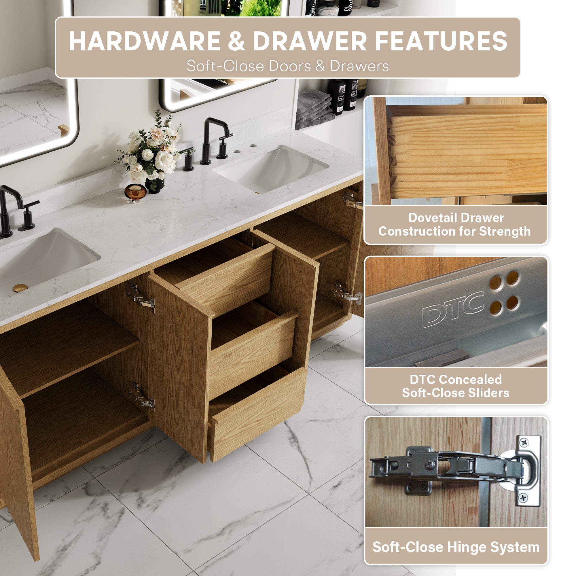 80 Inch Oak Soild Wood Bathroom Vanity with Double Undermount Sinks, 3 Dovetail-constructed Drawers and 4 Soft-close Doors