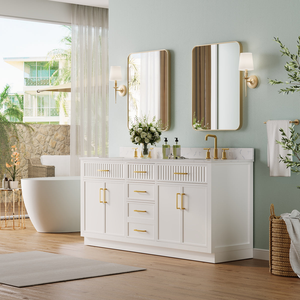 72 Inch Freestanding Solid Wood & Plywood Bathroom Vanity with Soft-Close Drawers, Carrara White Quartz Countertop, White