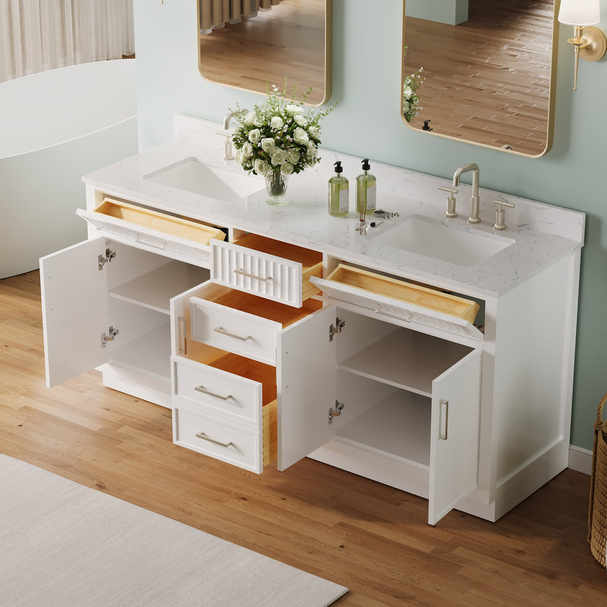 72 Inch Freestanding Solid Wood & Plywood Bathroom Vanity with Soft-Close Drawers, Carrara White Quartz Countertop, White