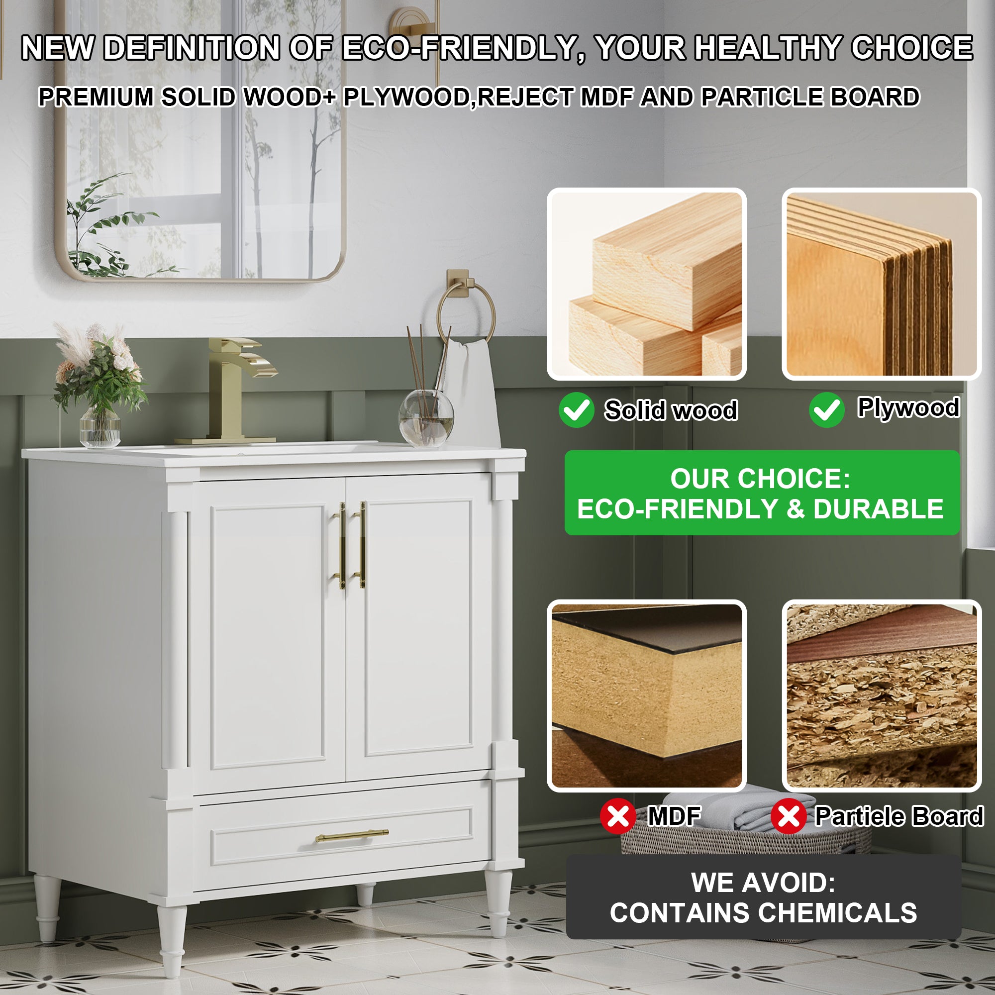 30 inch Bathroom Vanity with Single Sink, Solid Wooden Freestanding Bathroom Cabinet with Soft-Closing Doors