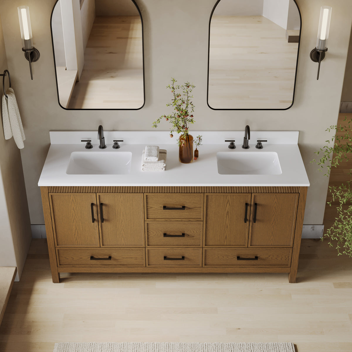 72 Inch Freestanding Solid Wood Bathroom Vanity with Pure White Quartz Countertop, 4 Soft-Close Doors & 5 Dovetail Drawers, Walnut