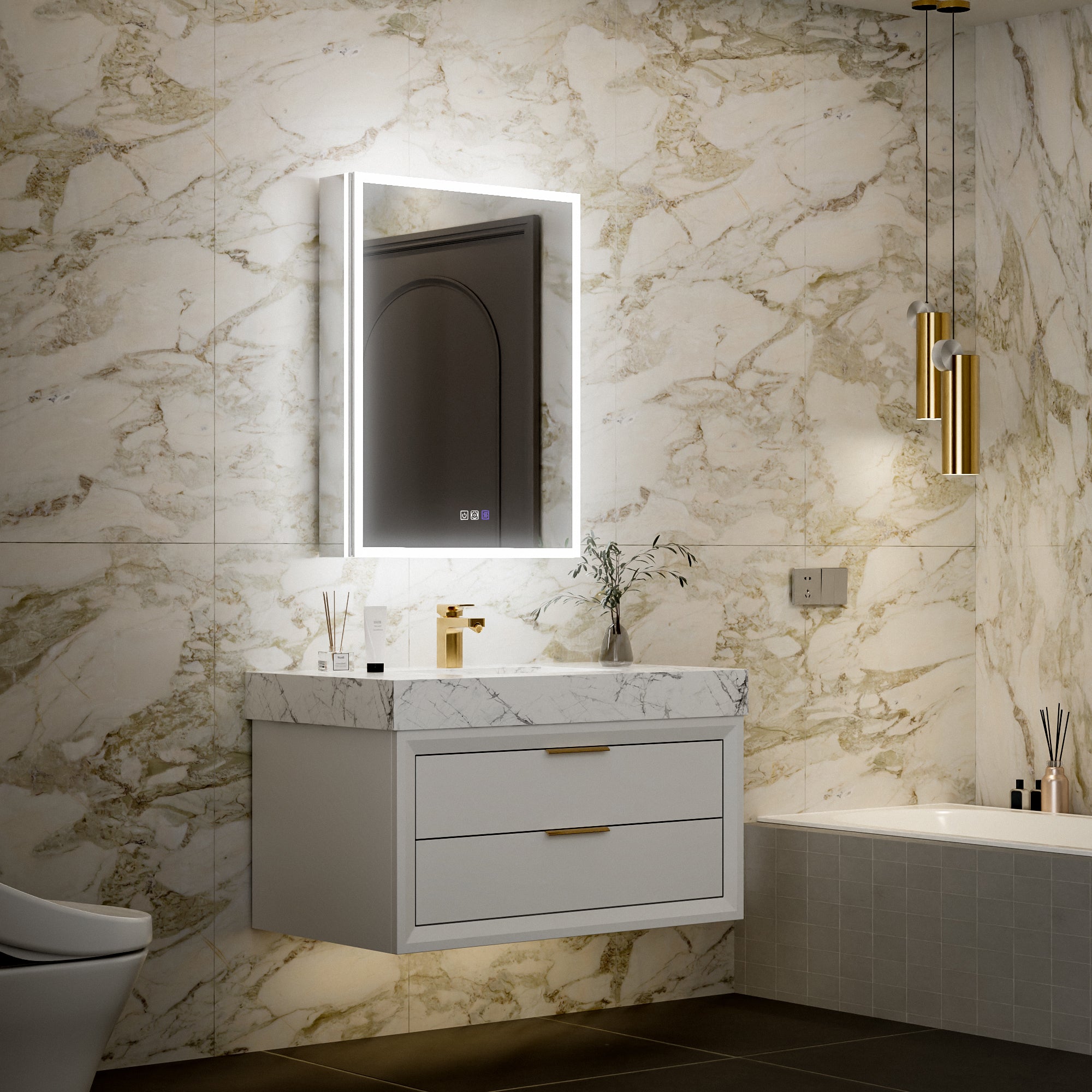 24 in. x 32 in. Recessed/Surface Mount Left LED Medicine Cabinet with 5X Magnifier Mirror, Aluminum Frame