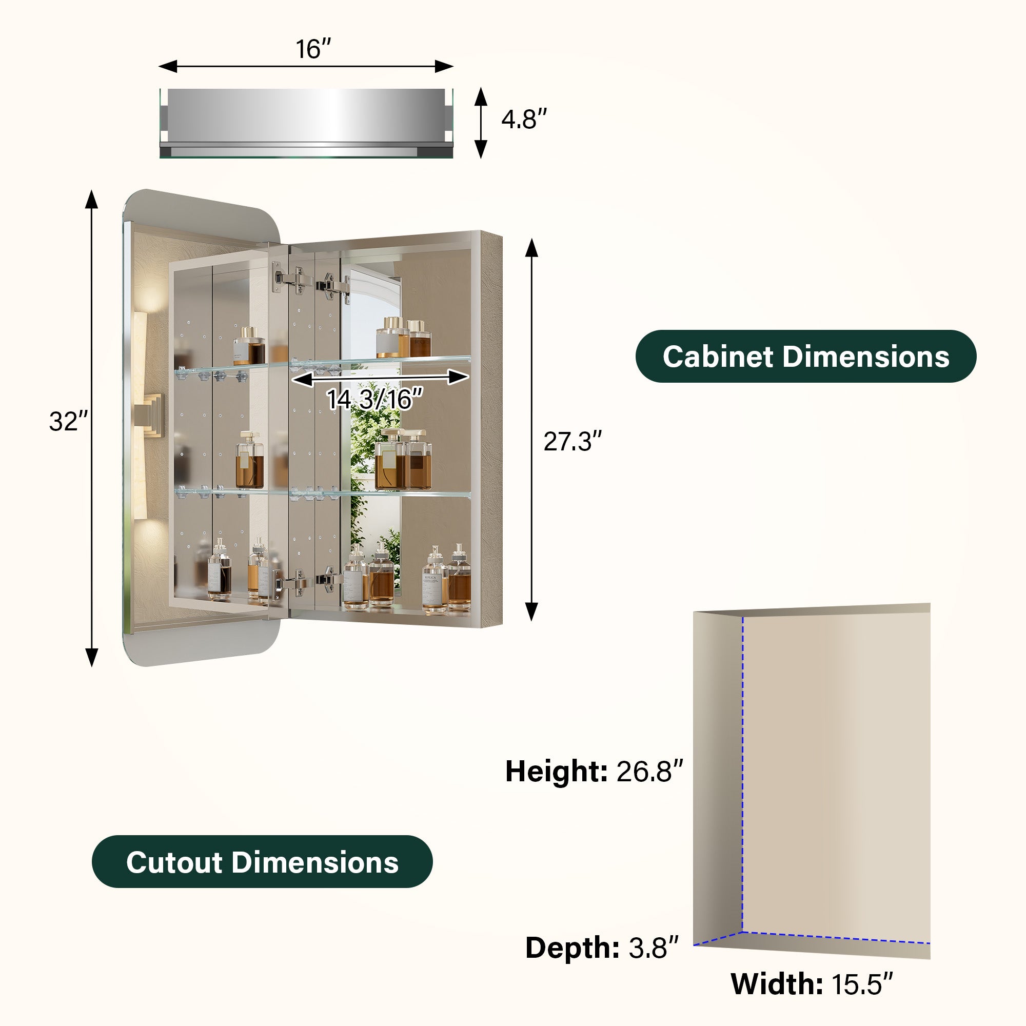 16 in. × 32 in. Aluminum Mirror Medicine Cabinet with Reversible Door Swing, Recessed or Surface Mount, Adjustable Shelves