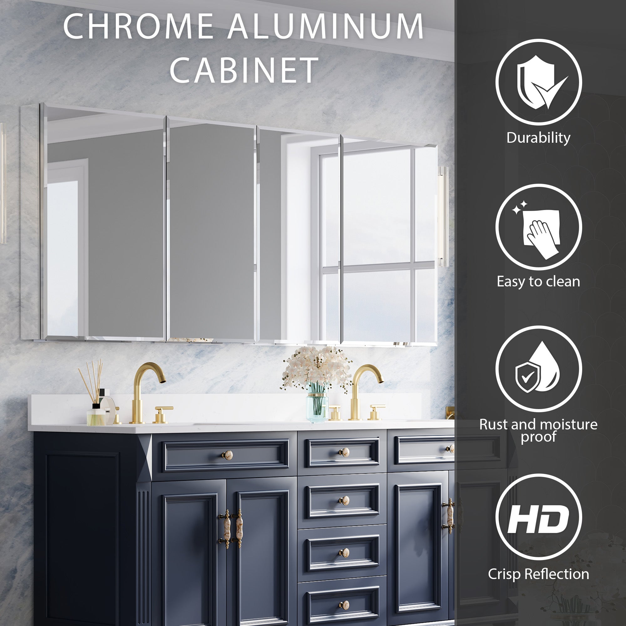 72 in.×30 in.H Aluminum Copper-Free Mirror Medicine Cabinet with Beveled Mirror Door, Recessed or Surface Mount, Adjustable Shelves