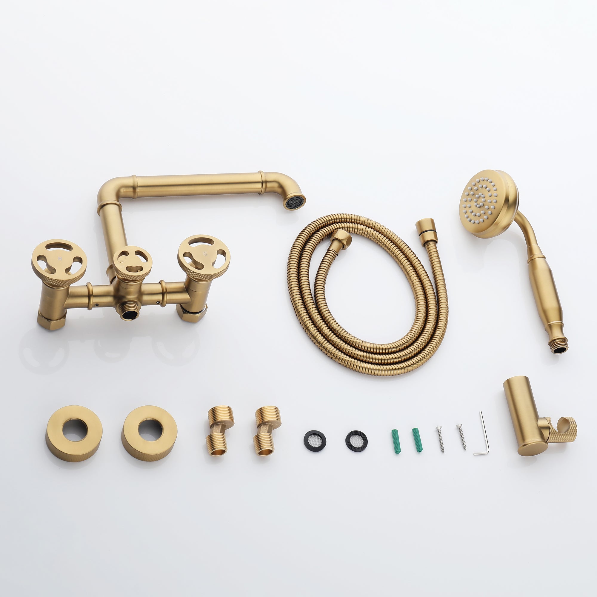 Double Hole Double Handle Brushed Gold Bathtub Faucet with Handheld Shower