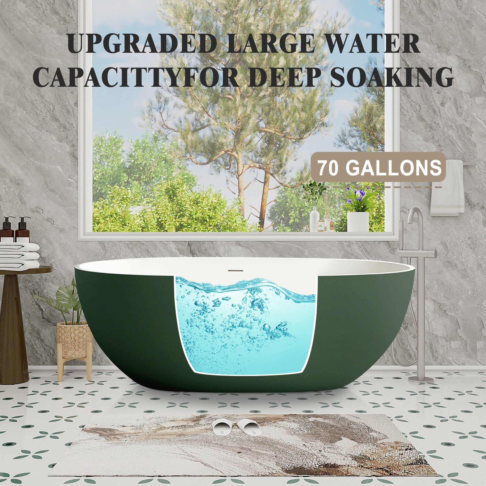 65" Stone Resin Solid Surface Flatbottom Freestanding Bathtub Inside White Outside Green