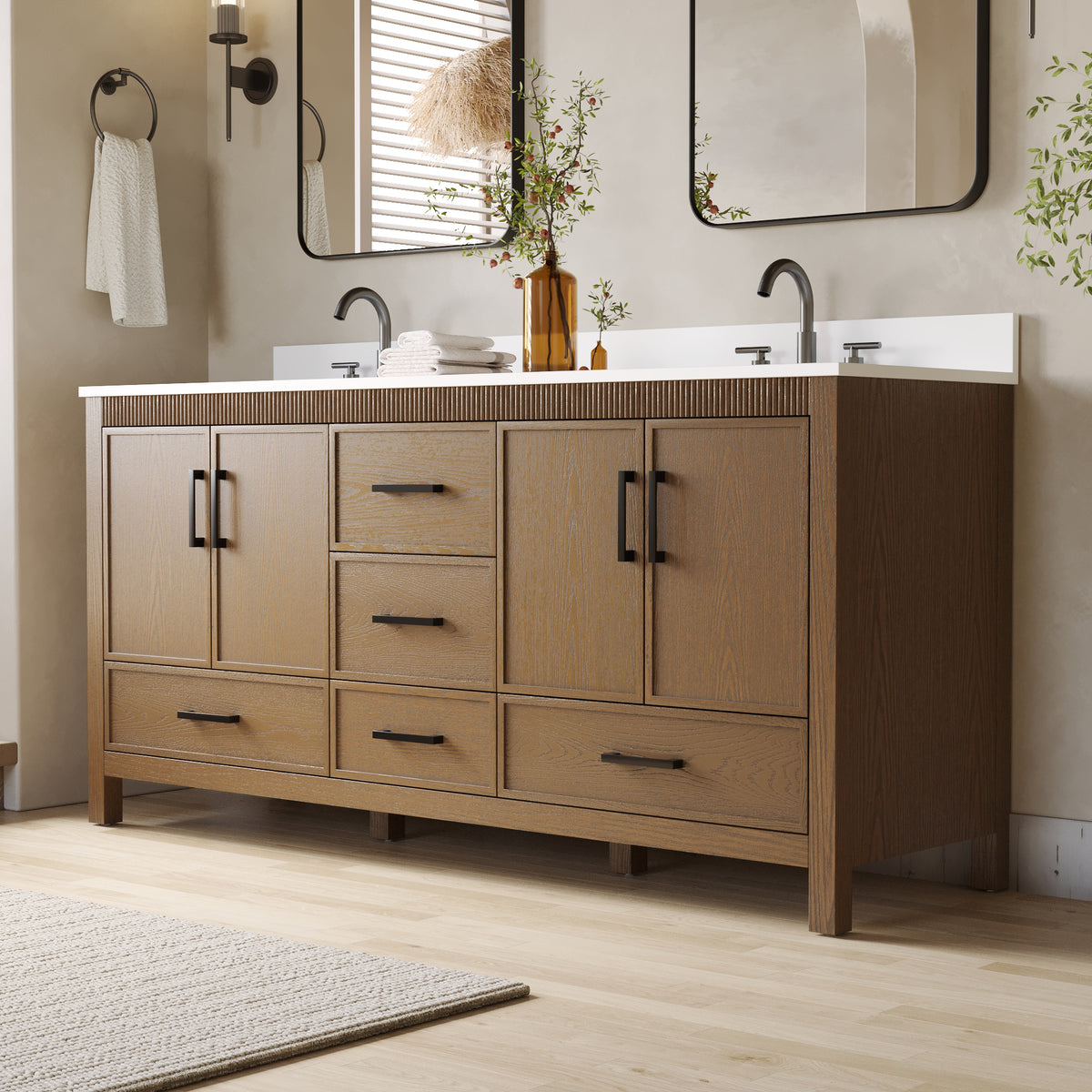 72 Inch Freestanding Solid Wood Bathroom Vanity with Pure White Quartz Countertop, 4 Soft-Close Doors & 5 Dovetail Drawers, Walnut