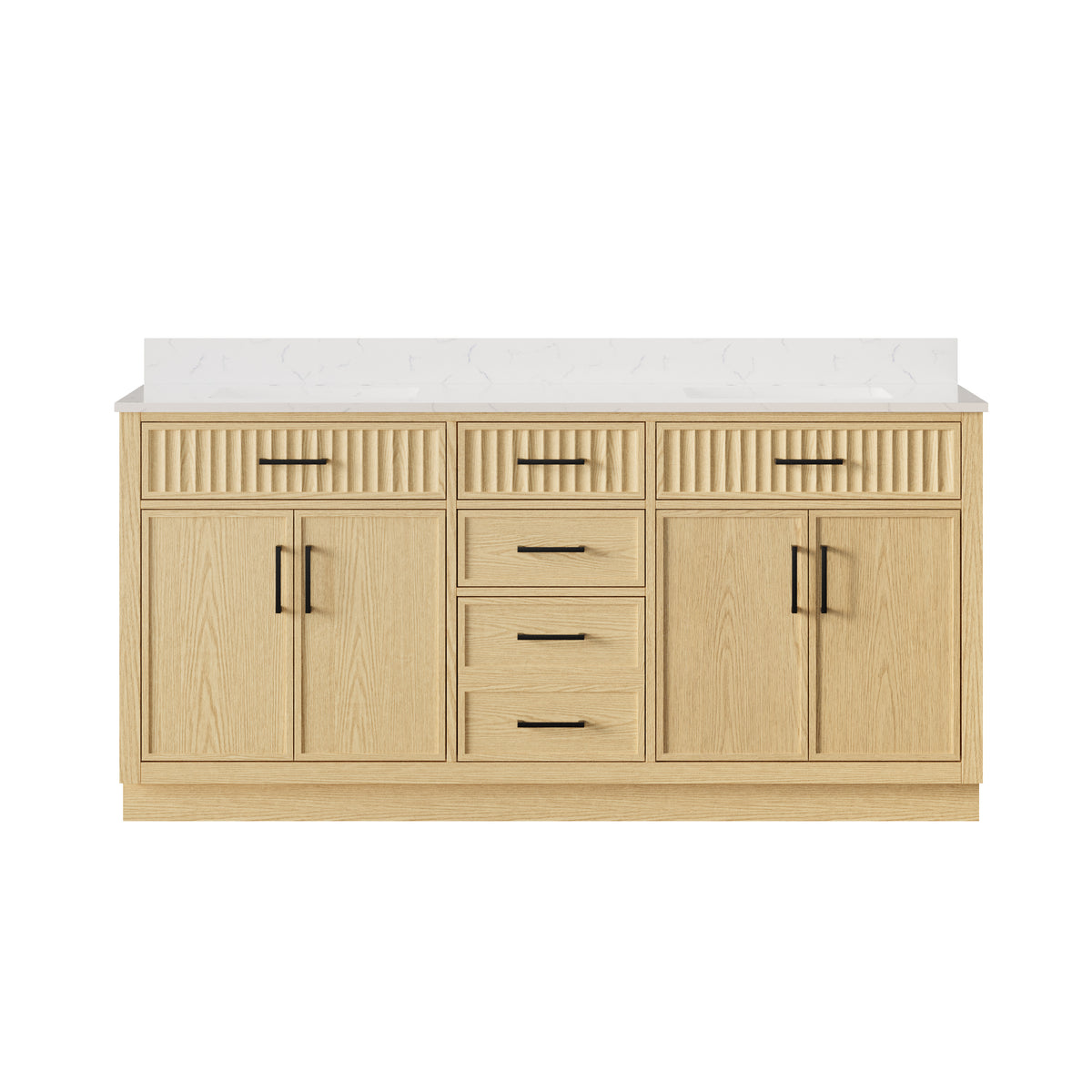 72 Inch Freestanding Solid Wood & Plywood Bathroom Vanity with Soft-Close Drawers, Carrara White Quartz Countertop, Oak
