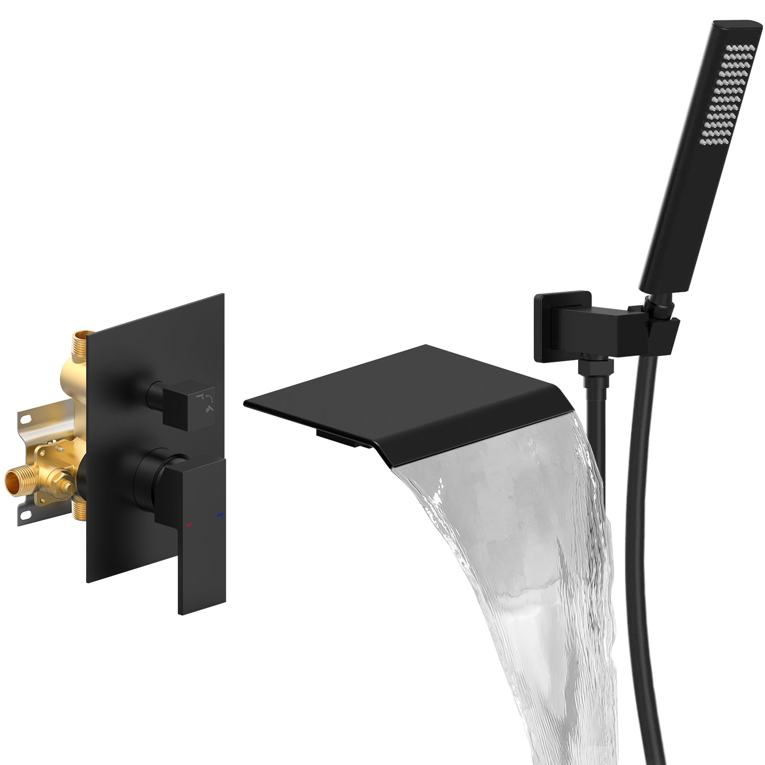 Matte Black Waterfall Bathtub Shower Set with Hand Shower Wall-Mounted