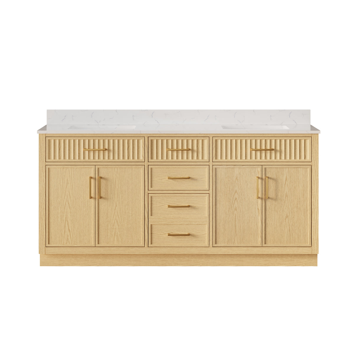 72 Inch Freestanding Solid Wood & Plywood Bathroom Vanity with Soft-Close Drawers, Carrara White Quartz Countertop, Oak