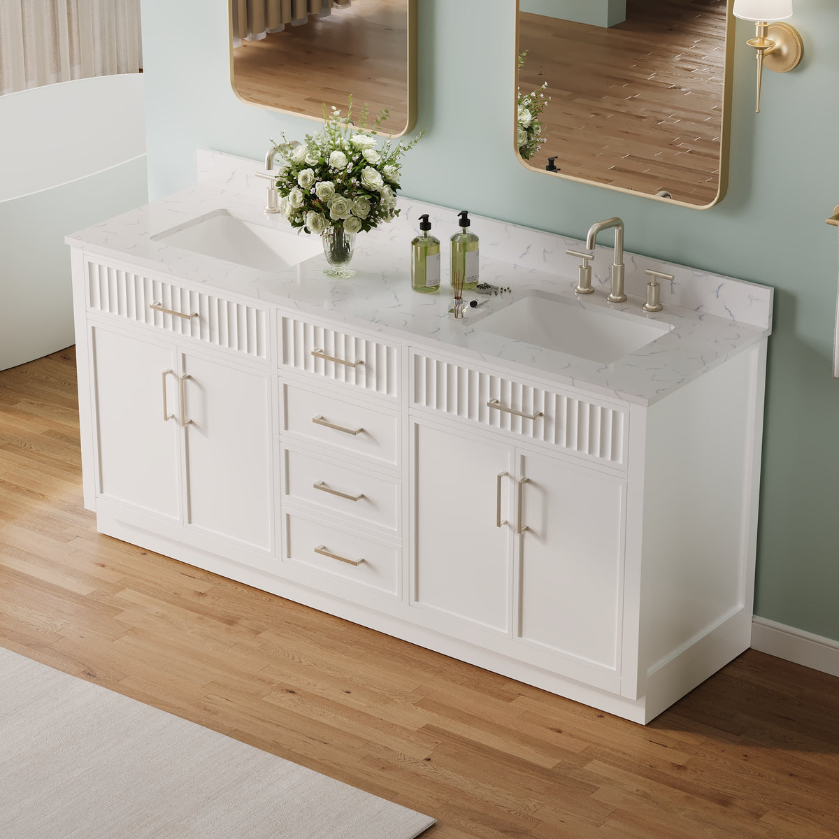 72 Inch Freestanding Solid Wood & Plywood Bathroom Vanity with Soft-Close Drawers, Carrara White Quartz Countertop, White