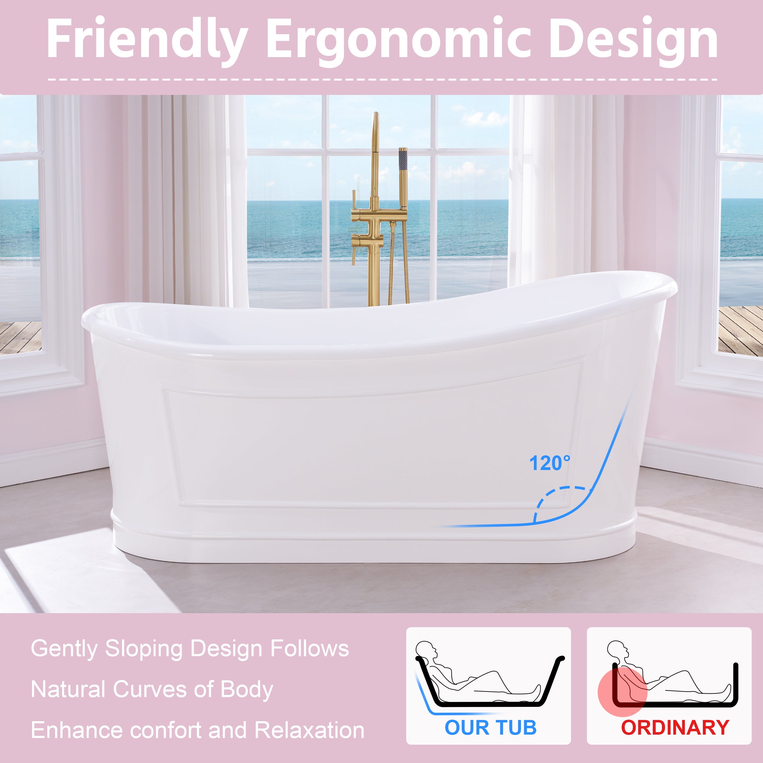66" Glossy White Acrylic Freestanding Bathtub with Integrated Slotted Overflow