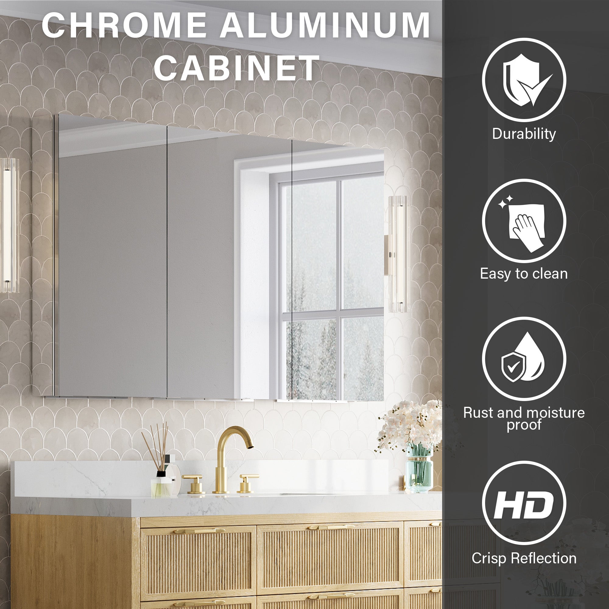 56 in.×32 in.H Aluminum Copper-Free Mirror Medicine Cabinet with Soft-Close Blum® Hinges and Recessed/Surface Mount