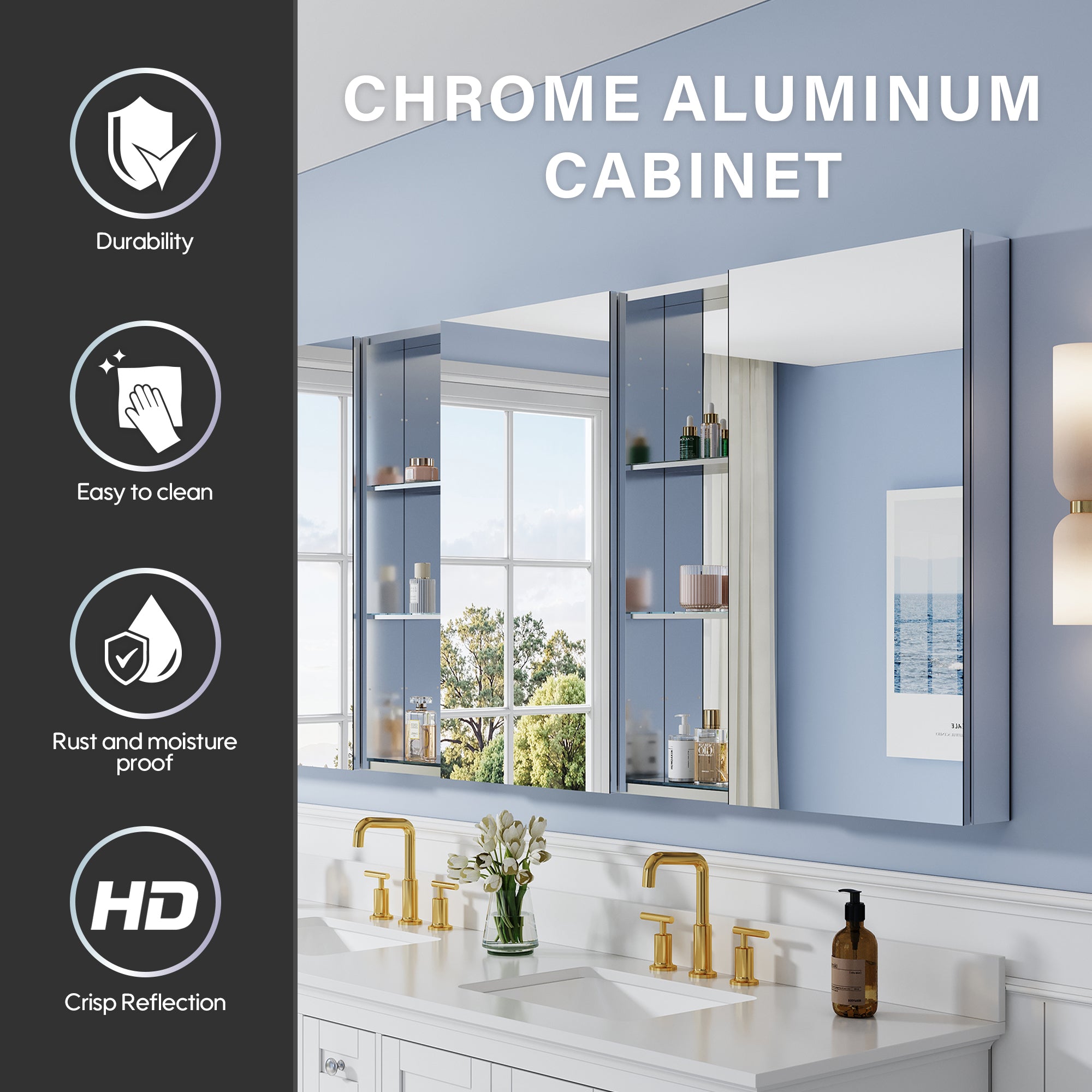 84 in. ×36 in. Aluminum Bathroom Medicine Cabinet and Open Shelf Set, Recessed or Surface Mount