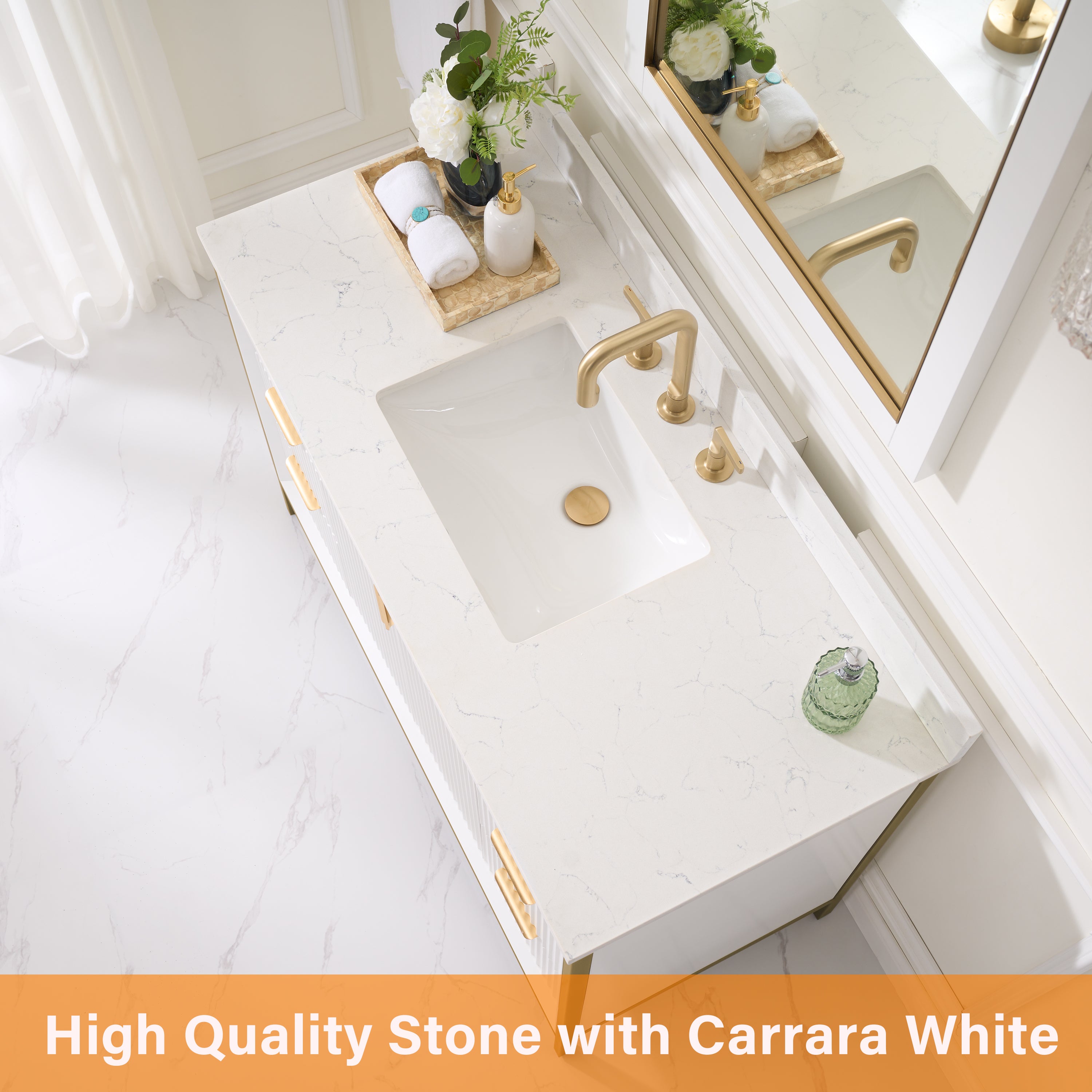 48 in. Solid Wood Bathroom Vanity in White with Quartz Vanity Top in Carrara