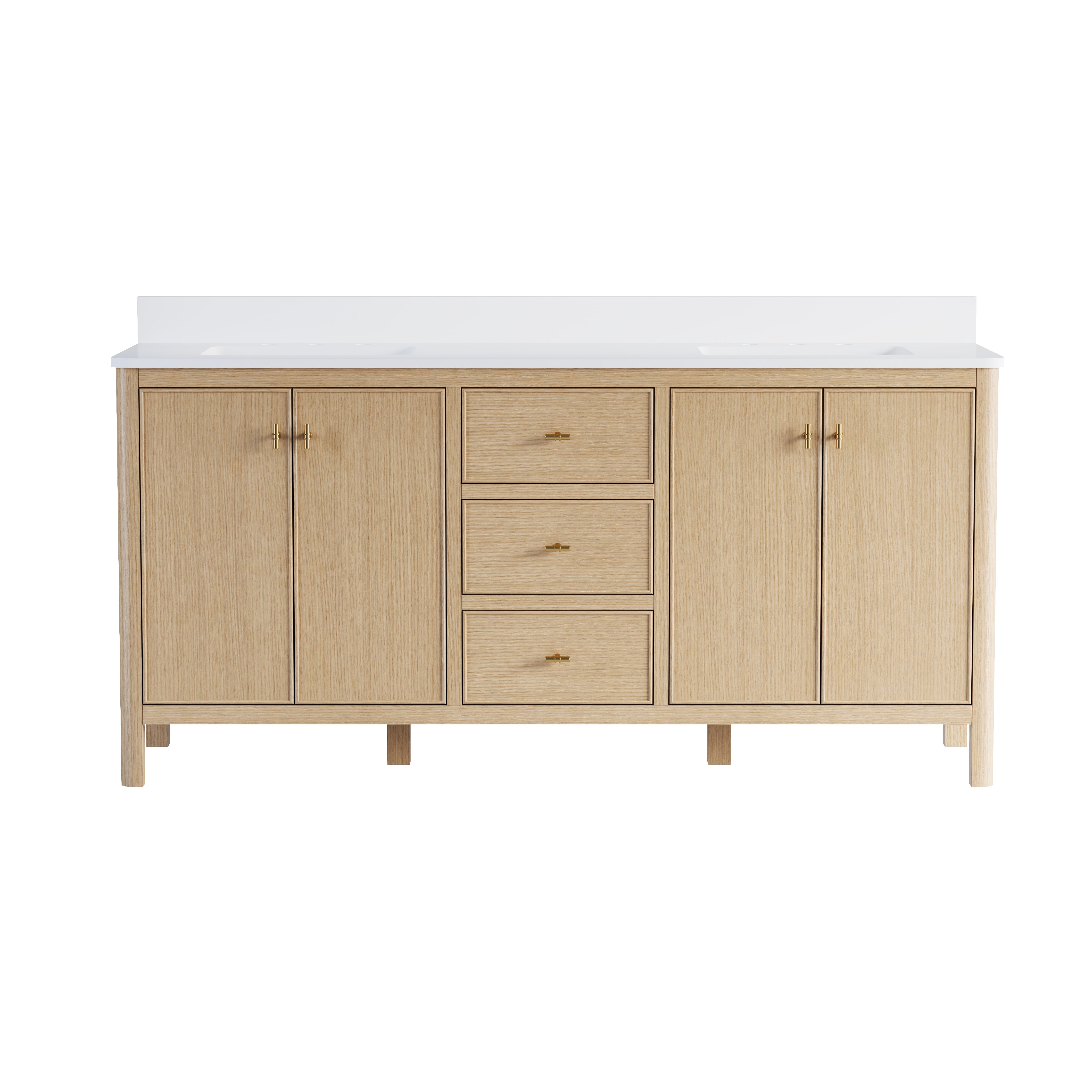 72 Inch Solid Wood Oak Bathroom Vanity with White Quartz Countertop & Sink – 3 Dovetail Soft-Close Drawers