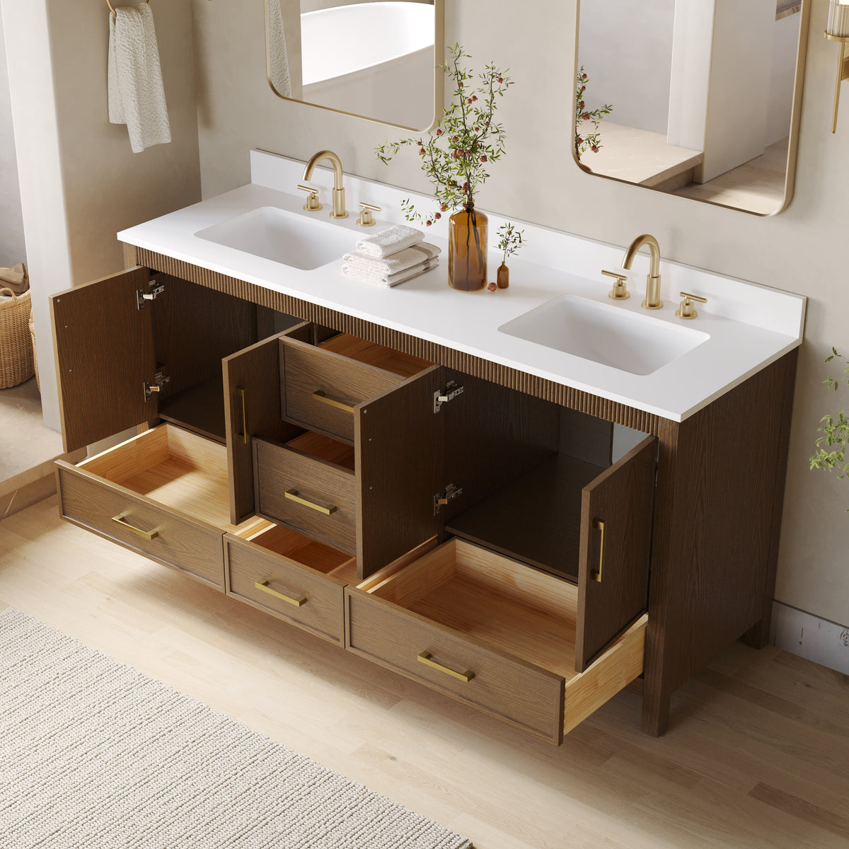72 Inch Freestanding Solid Wood Bathroom Vanity with Pure White Quartz Countertop, 4 Soft-Close Doors & 5 Dovetail Drawers, Walnut