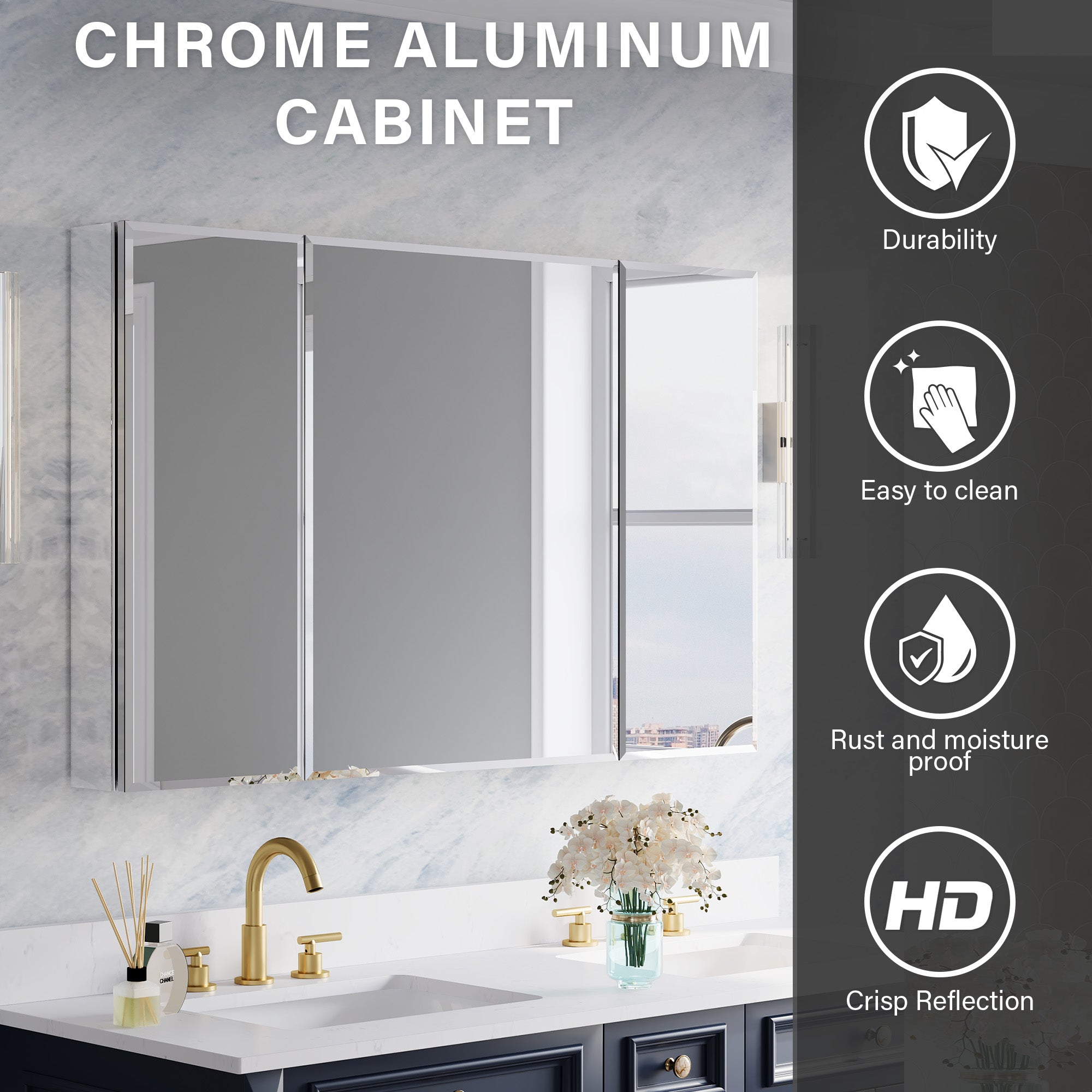48 in.×30 in.H Aluminum Copper-Free Mirror Medicine Cabinet with Beveled Mirror Door, Recessed or Surface Mount, Adjustable Shelves