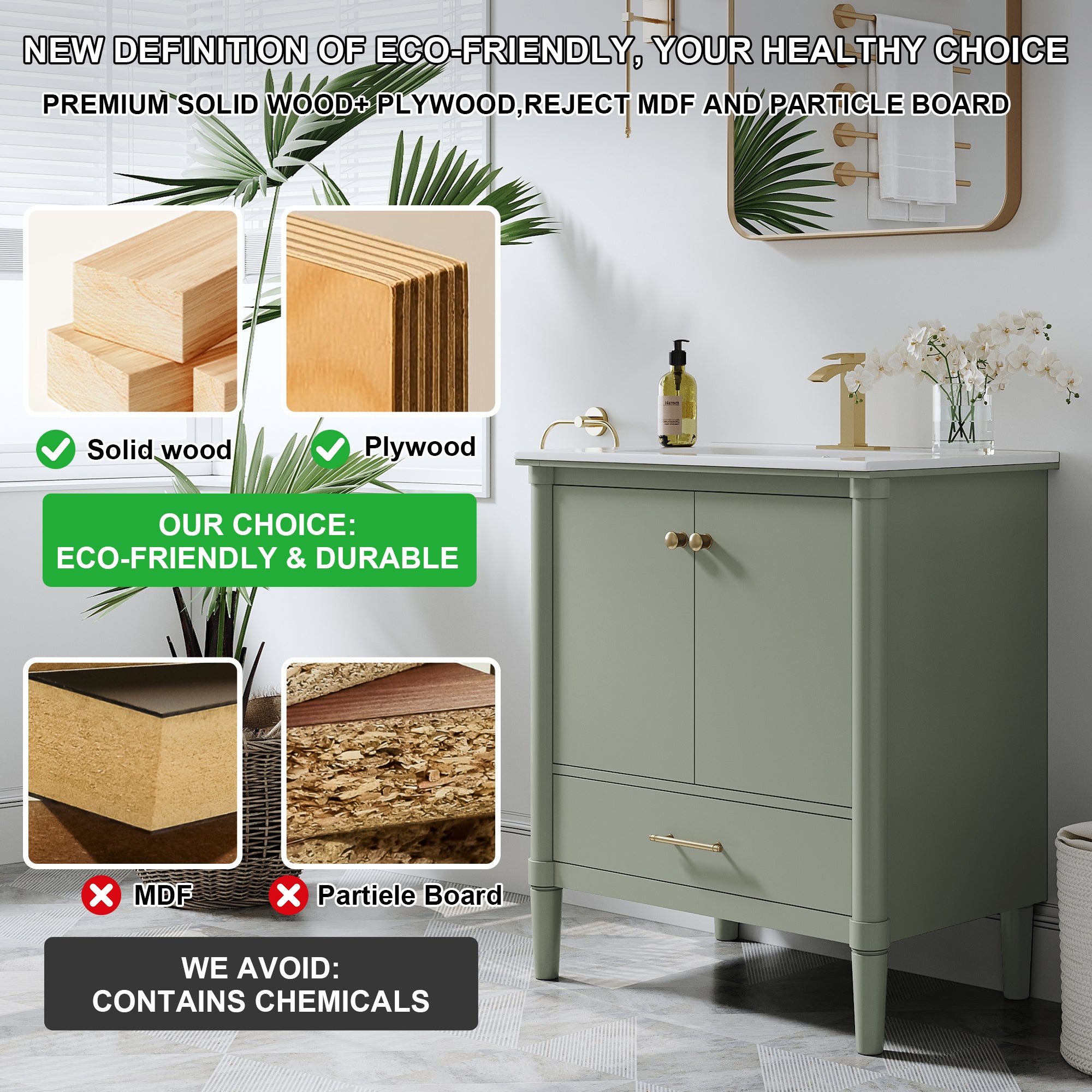 30 inch Solid Wood Freestanding Bathroom Vanity with Single Sink and Soft-Closing Doors, Green