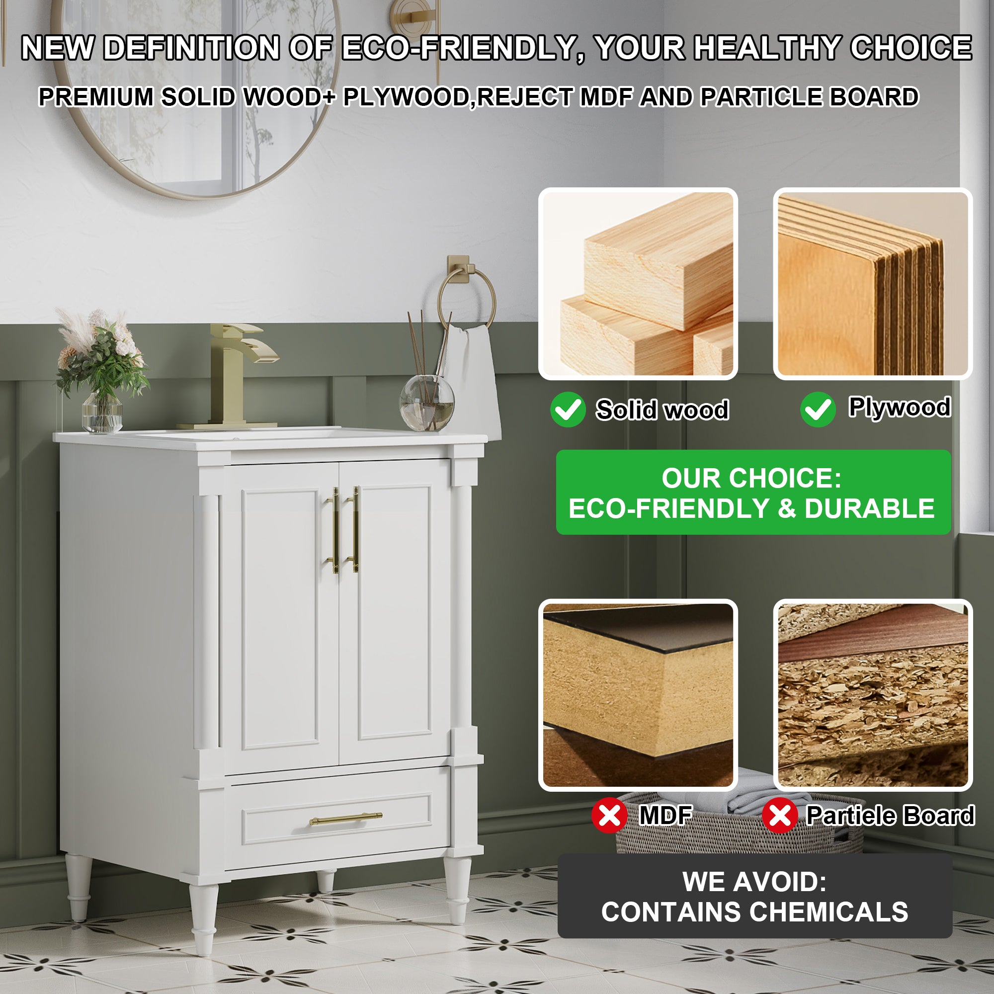 24 inch Bathroom Vanity with Single Sink, Solid Wooden Freestanding Bathroom Cabinet with Soft-Closing Doors