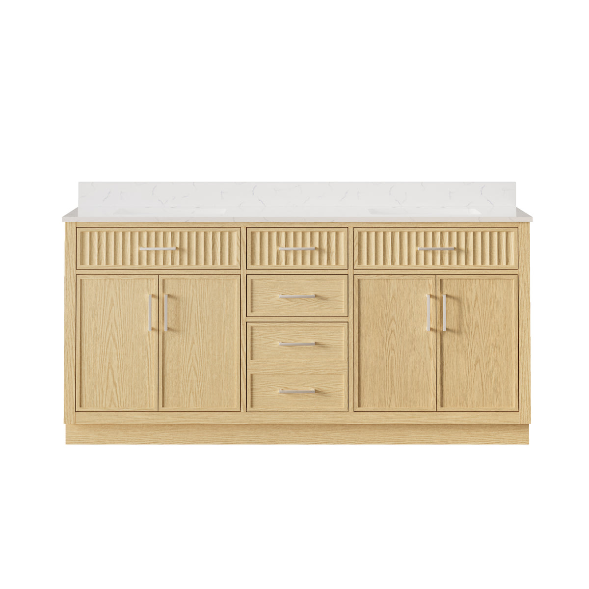 72 Inch Freestanding Solid Wood & Plywood Bathroom Vanity with Soft-Close Drawers, Carrara White Quartz Countertop, Oak