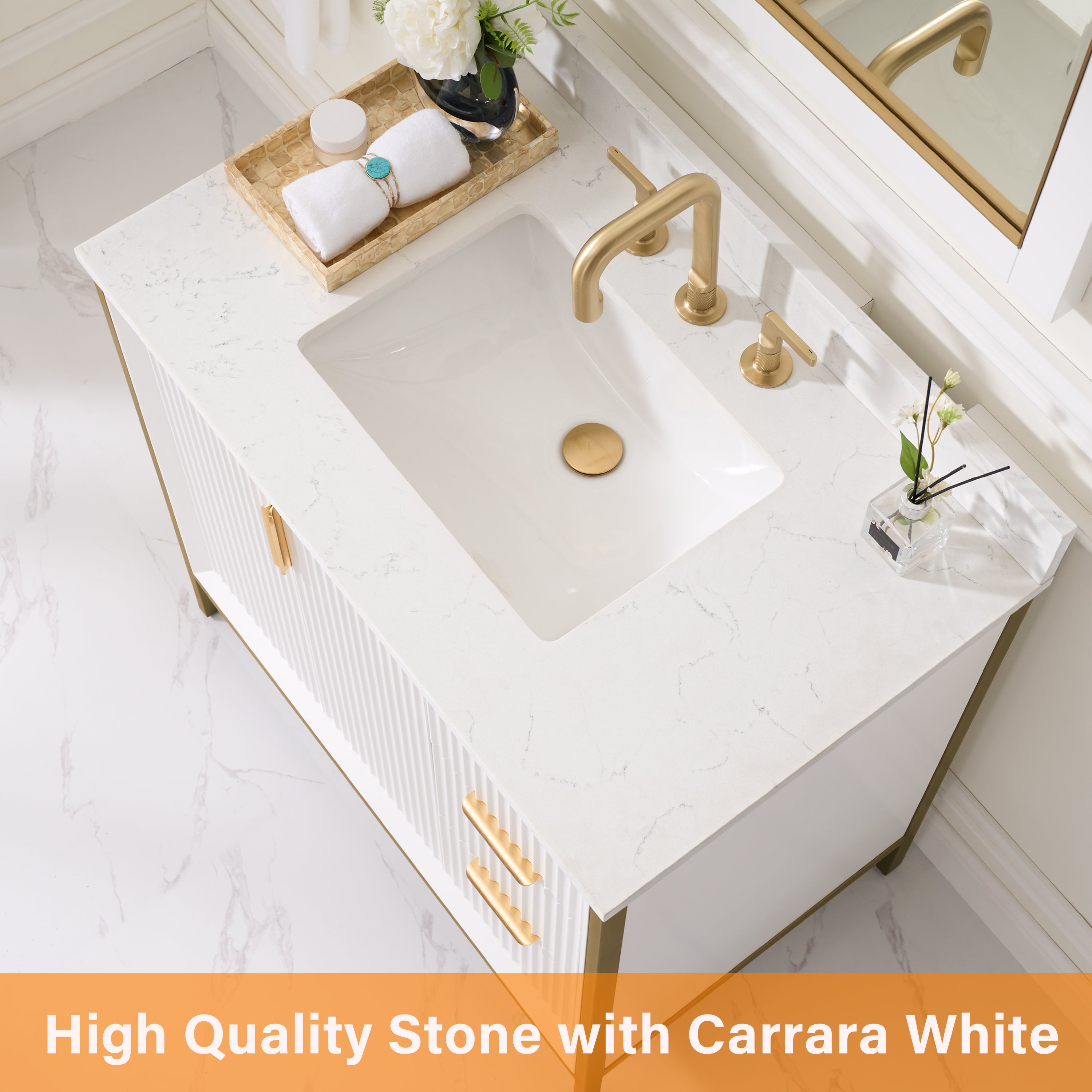 36 in. Solid Wood Bathroom Vanity in White with Quartz Vanity Top in Carrara