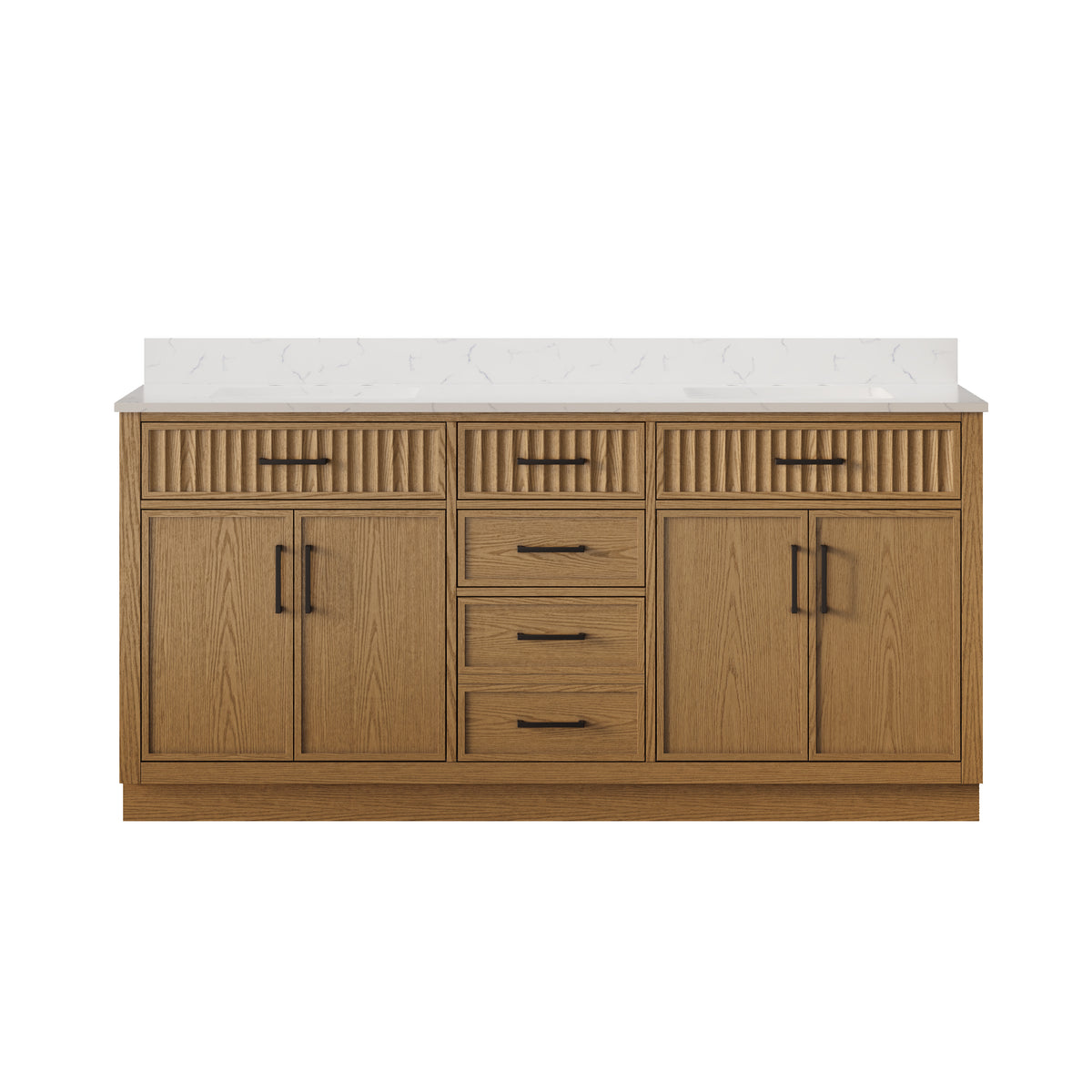 72 Inch Freestanding Solid Wood & Plywood Bathroom Vanity with Soft-Close Drawers, Carrara White Quartz Countertop, Walnut