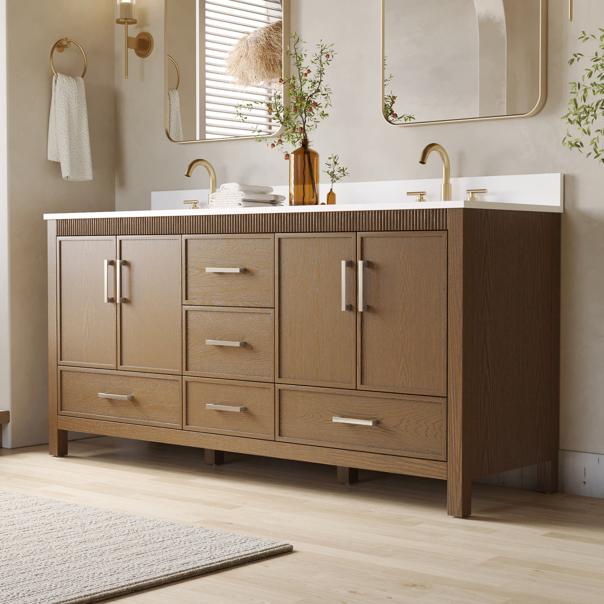 72 Inch Freestanding Solid Wood Bathroom Vanity with Pure White Quartz Countertop, 4 Soft-Close Doors & 5 Dovetail Drawers, Walnut