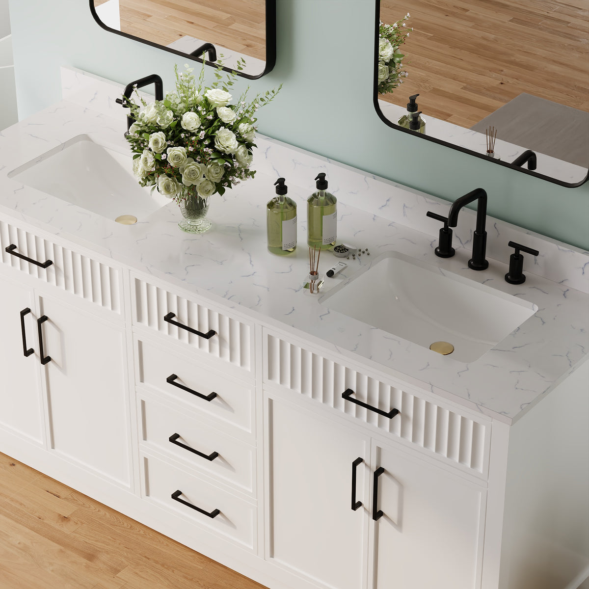 72 Inch Freestanding Solid Wood & Plywood Bathroom Vanity with Soft-Close Drawers, Carrara White Quartz Countertop, White