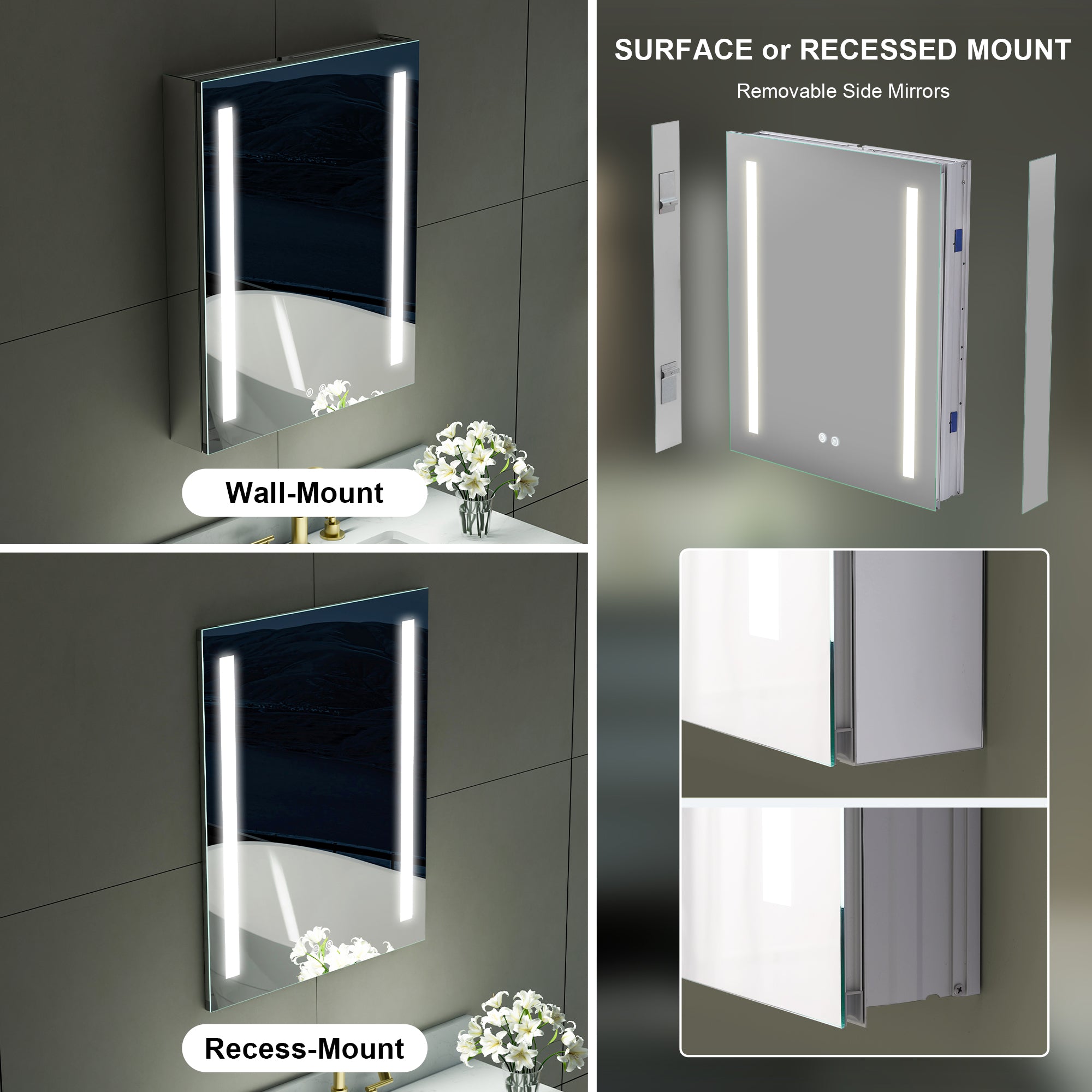 24 in. x 30 in. LED Lighted Surface/Recessed Mount Mirror Medicine Cabinet with Outlet left Side