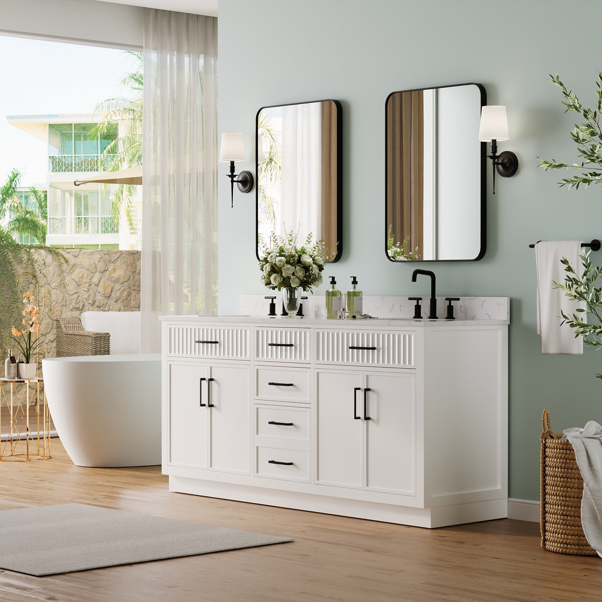 72 Inch Freestanding Solid Wood & Plywood Bathroom Vanity with Soft-Close Drawers, Carrara White Quartz Countertop, White