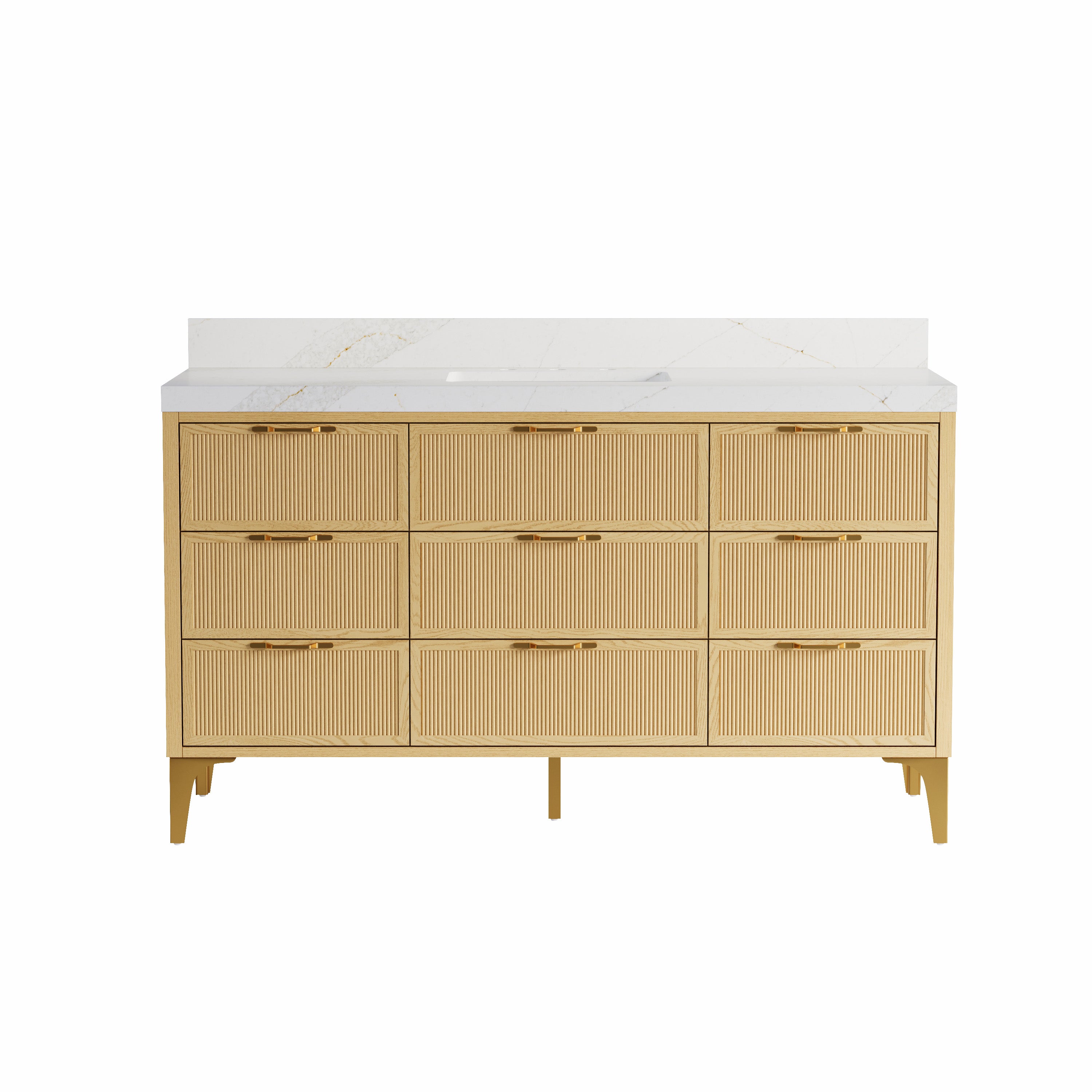 60 Inch Modern Solid Oak Bathroom Vanity with Calacatta Quartz Countertop, 9 Fluted Drawers & Brushed Gold Legs