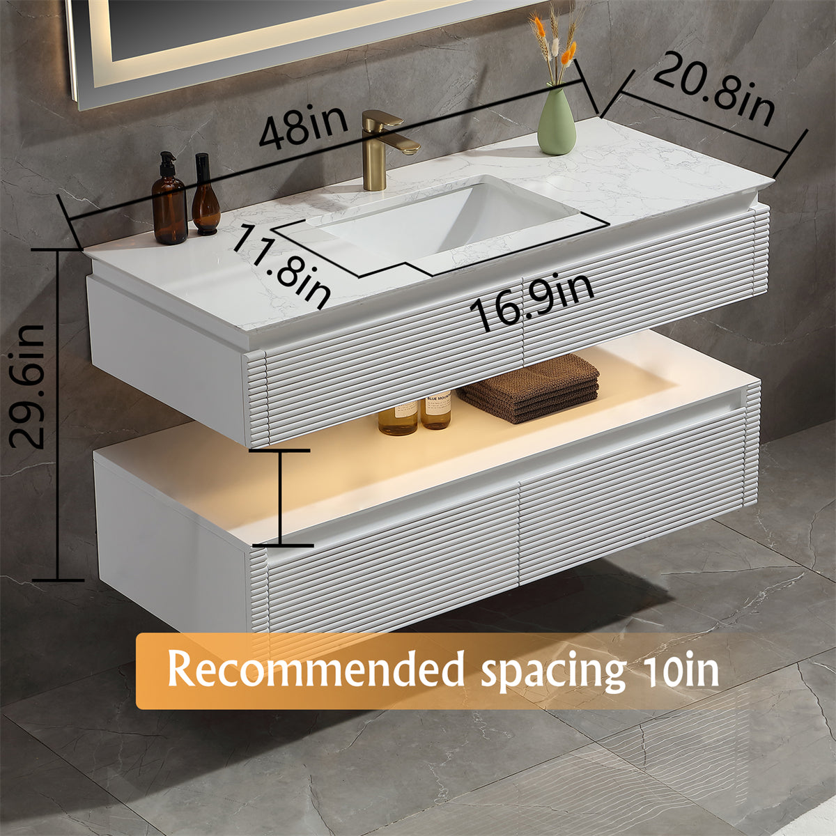 48" Floating Bathroom Vanity Set in White with LED Light and White Engineered Marble Top with Single Basins