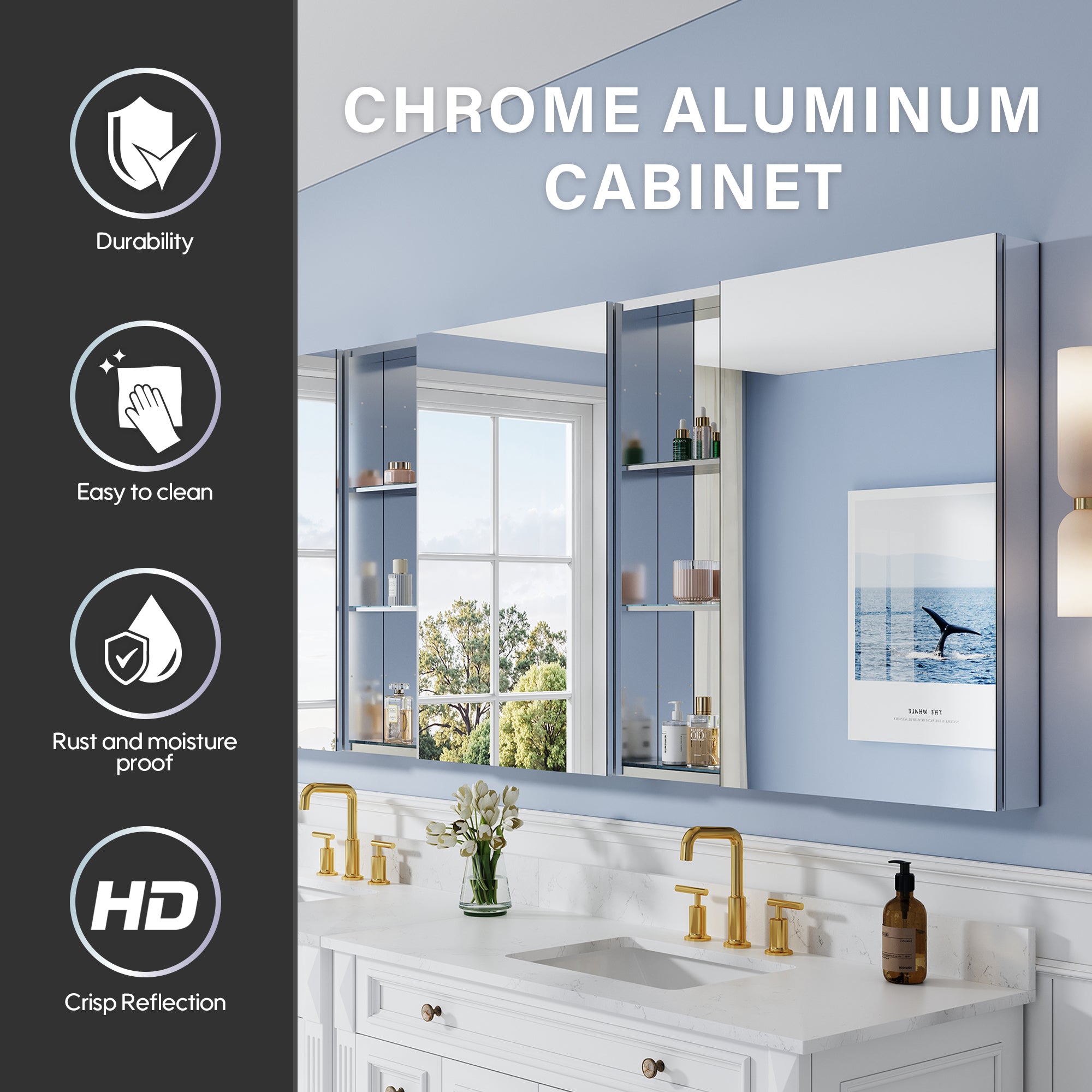 96 in. ×36 in. Aluminum Bathroom Medicine Cabinet and Open Shelf Set, Recessed or Surface Mount