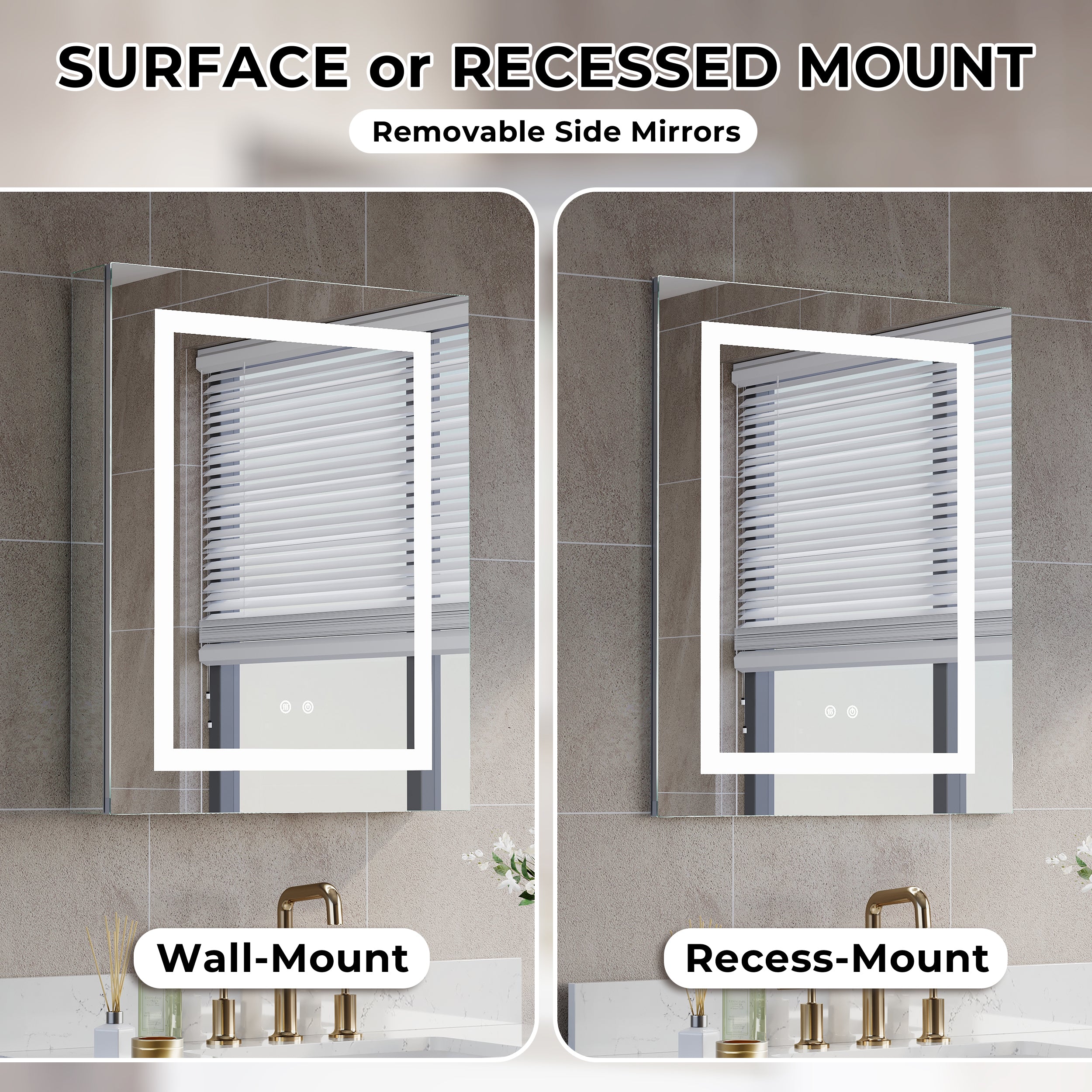 24 in. x 30 in. LED Lighted Surface/Recessed Mount Silver Mirrored Medicine Cabinet with Outlet right Side