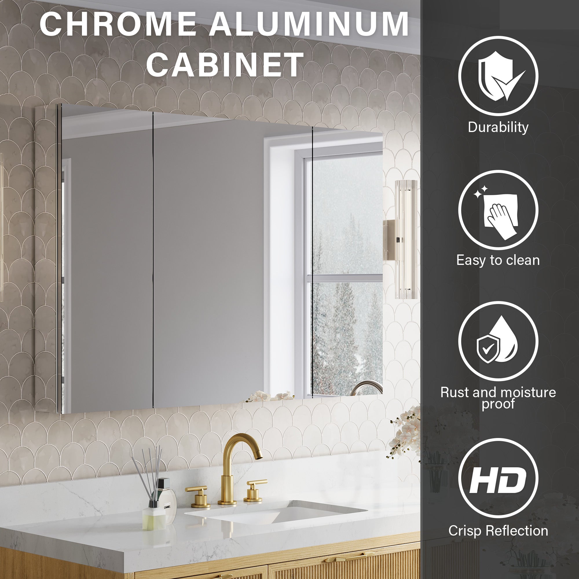 48 in.×32 in.H Copper-Free Mirror Medicine Cabinet with Soft-Close Blum® Hinges and 3 Doors