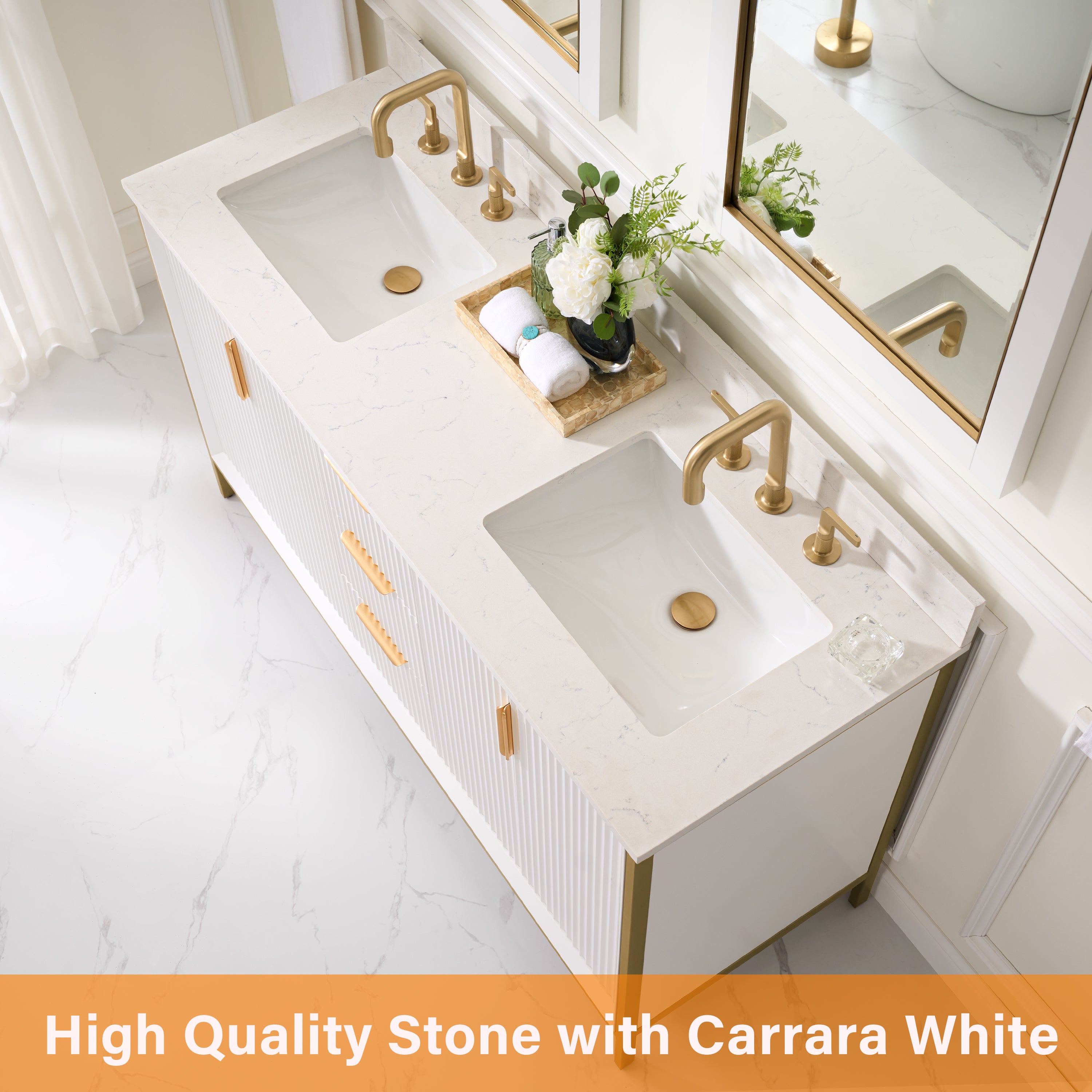 60 in. Solid Wood Bathroom Vanity in White with Quartz Vanity Top in Carrara