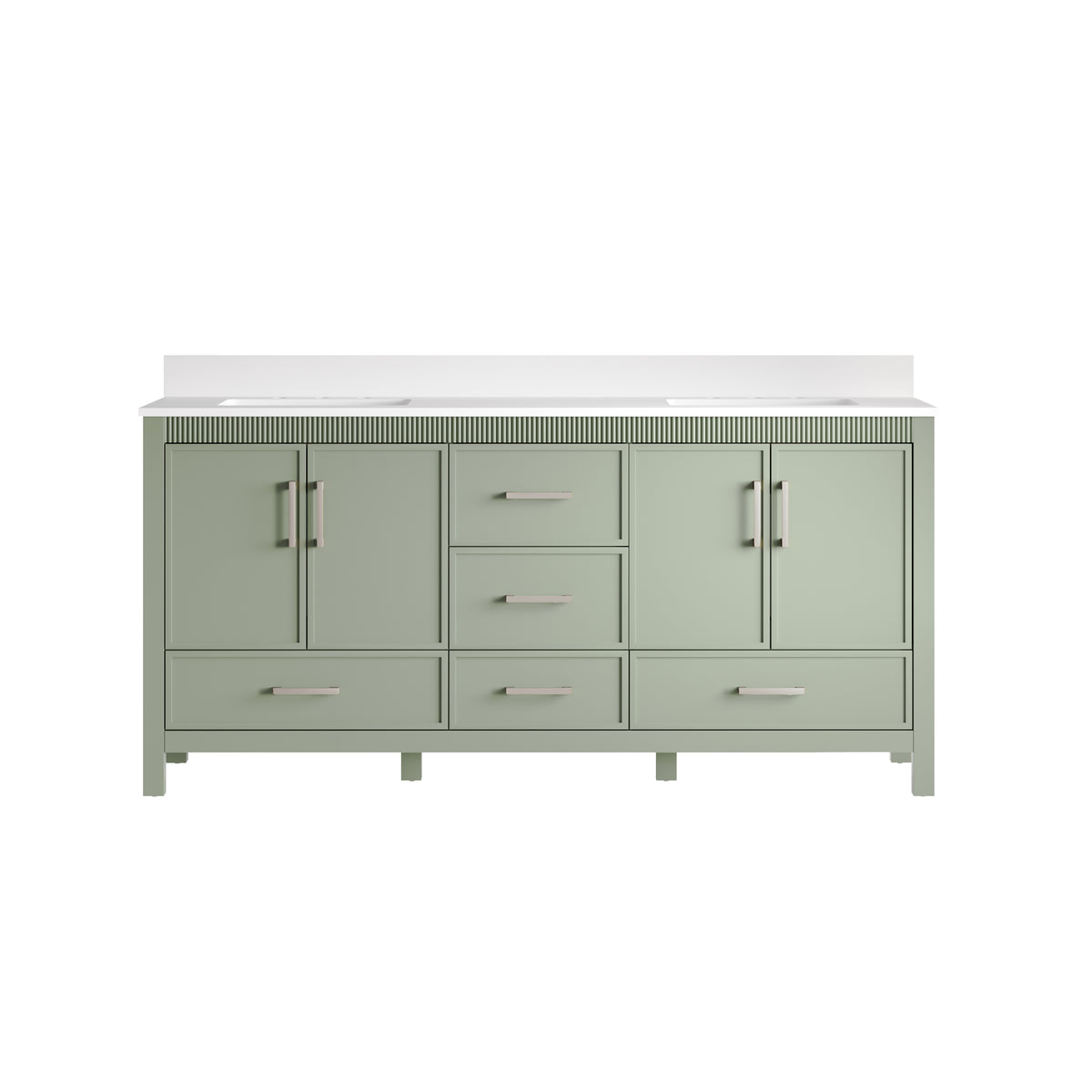 72 Inch Freestanding Solid Wood Bathroom Vanity with Pure White Quartz Countertop, 4 Soft-Close Doors & 5 Dovetail Drawers, SAGE GREEN