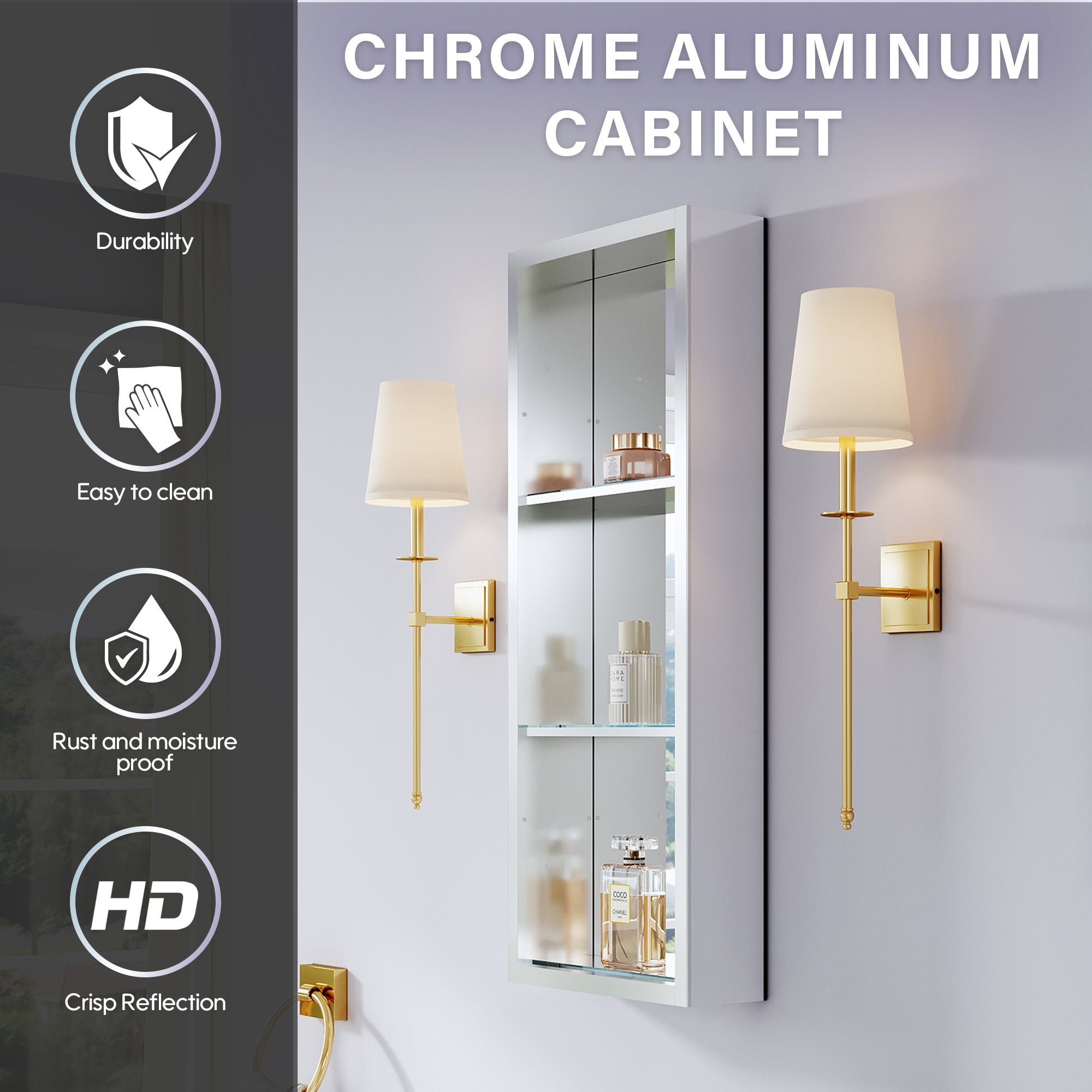 12 in.×30 in. Recessed/Surface Mount Aluminum Medicine Cabinet with Open Shelves and 3 PCS Tempered Glass