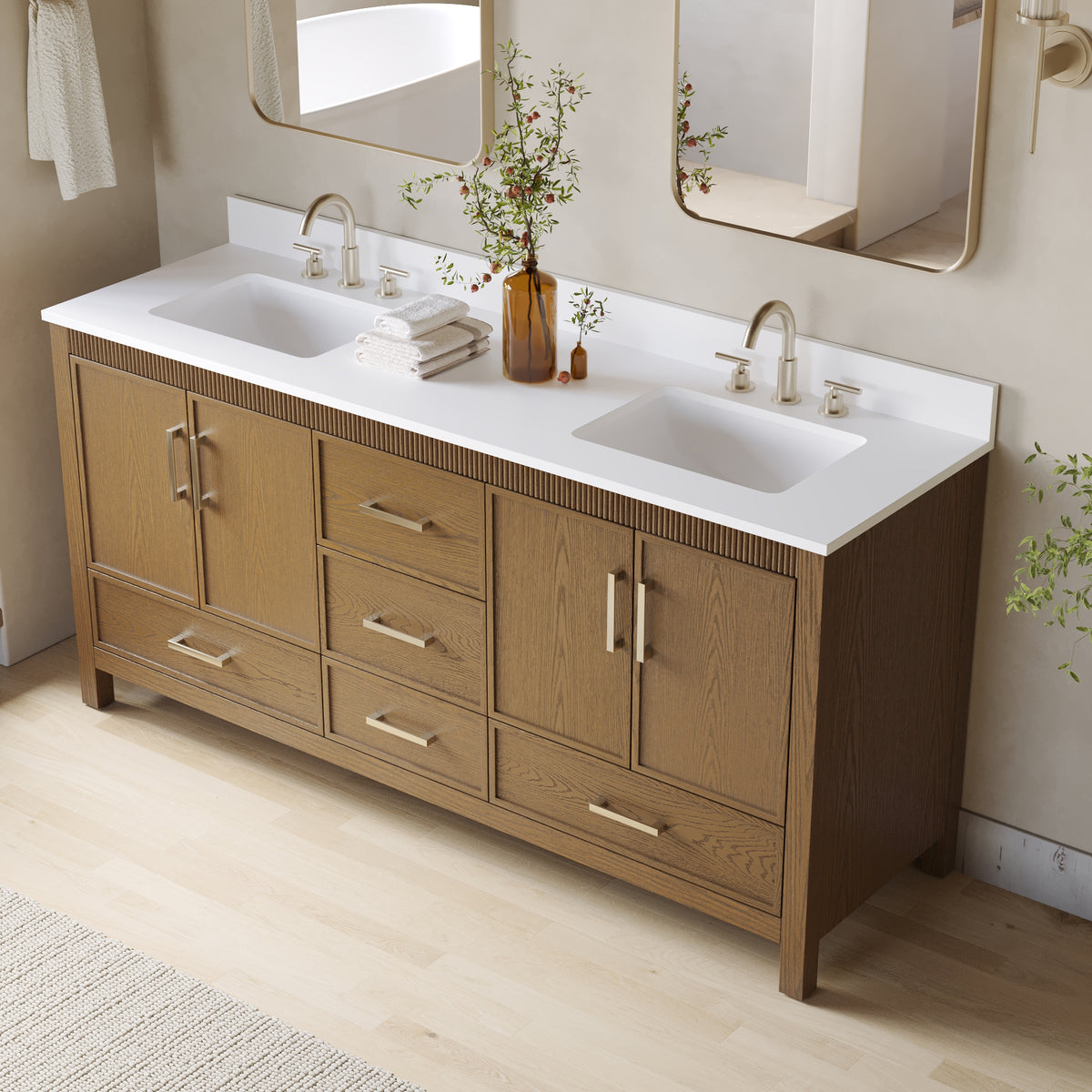 72 Inch Freestanding Solid Wood Bathroom Vanity with Pure White Quartz Countertop, 4 Soft-Close Doors & 5 Dovetail Drawers, Walnut