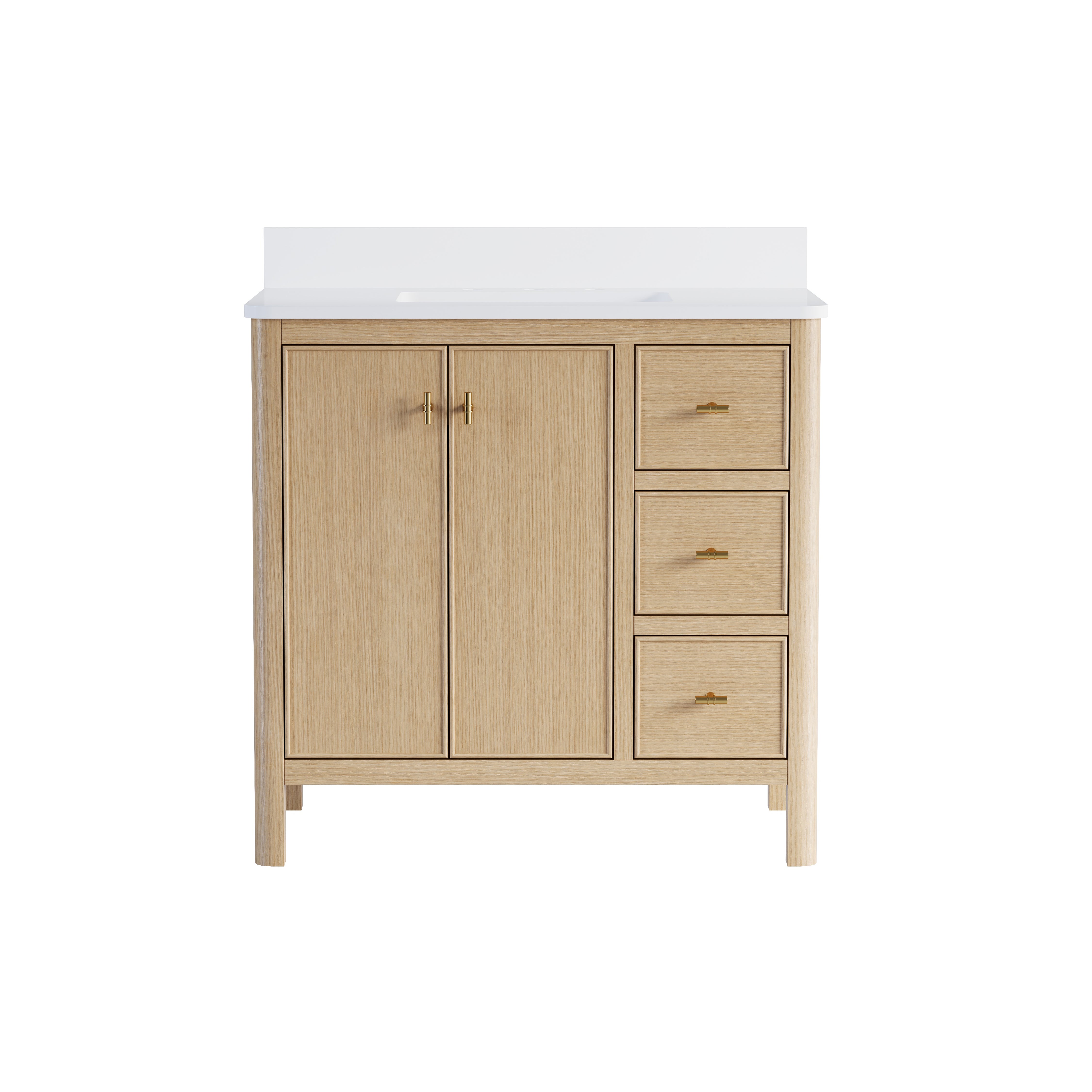 36 Inch Solid Wood Oak Bathroom Vanity with White Quartz Countertop & Sink – Dovetail Soft-Close Drawers