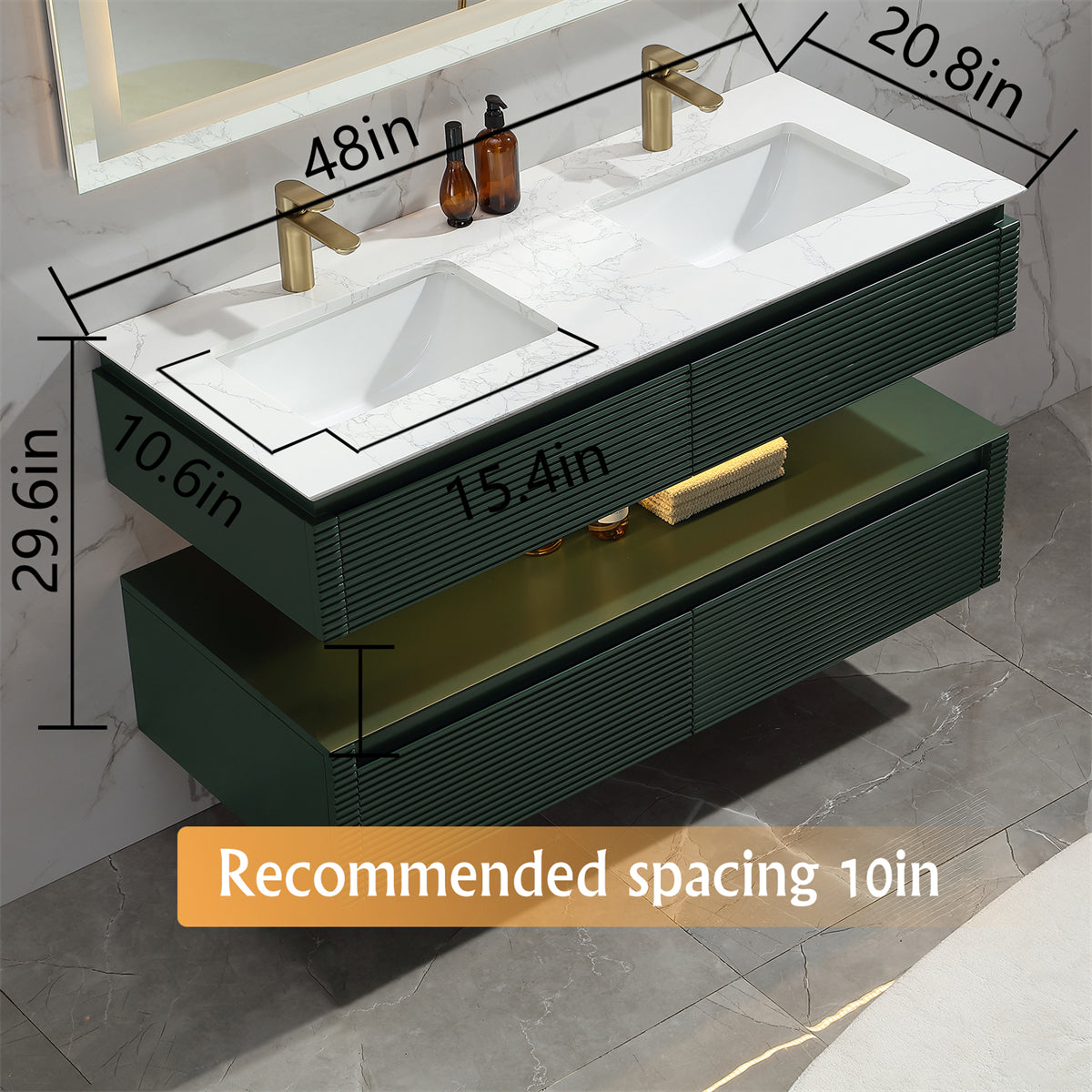 48" Floating Bathroom Vanity Set in Green with LED Light and White Engineered Marble Top with Double Basins
