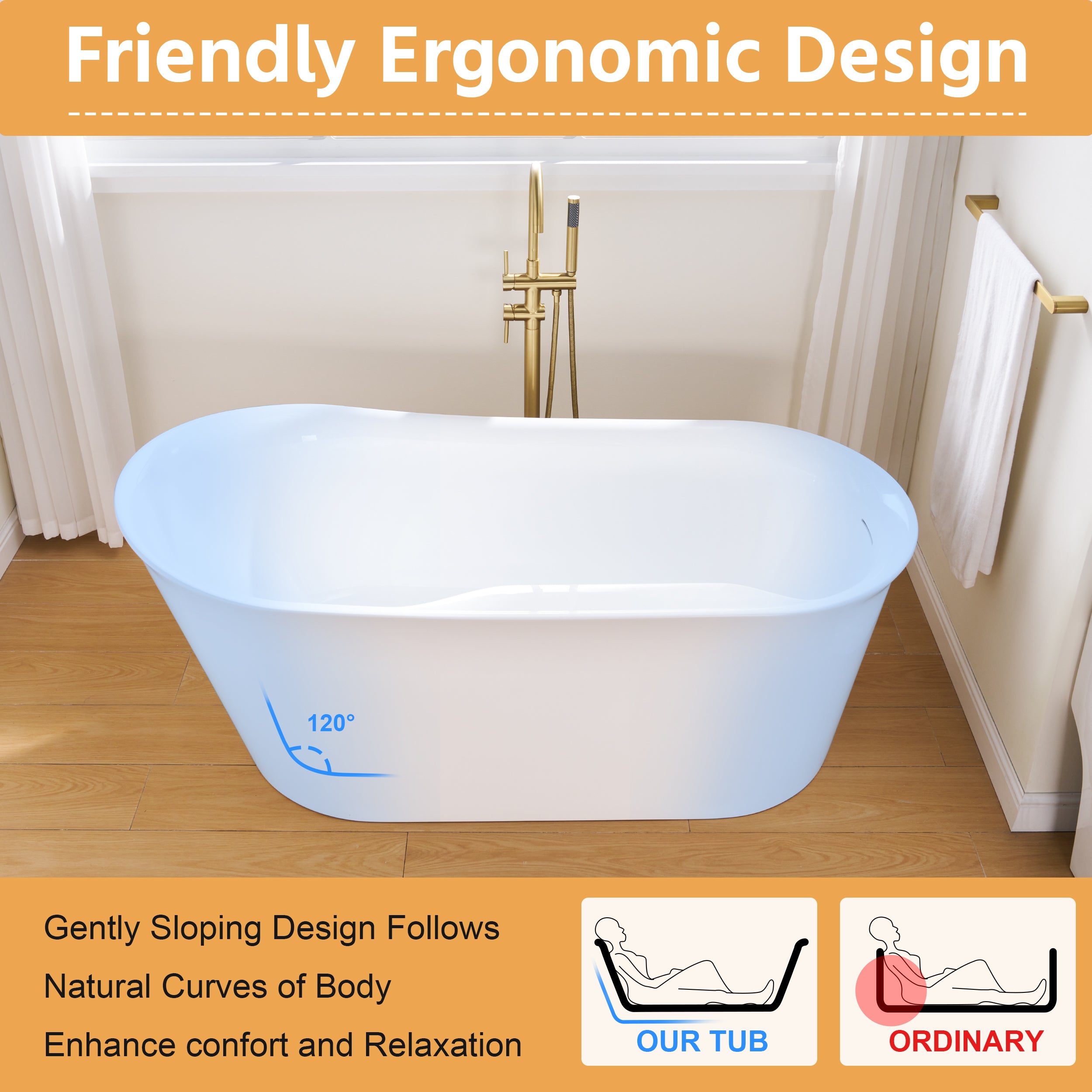 66" Freestanding Glossy White Acrylic Bathtub with Overflow and Drainage