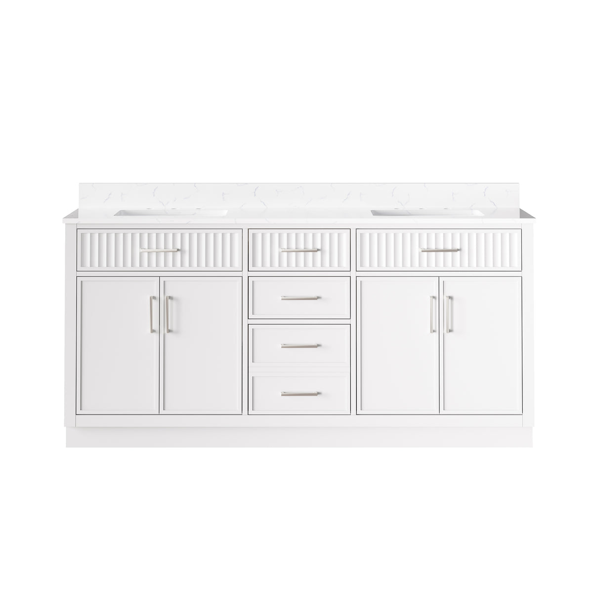 72 Inch Freestanding Solid Wood & Plywood Bathroom Vanity with Soft-Close Drawers, Carrara White Quartz Countertop, White