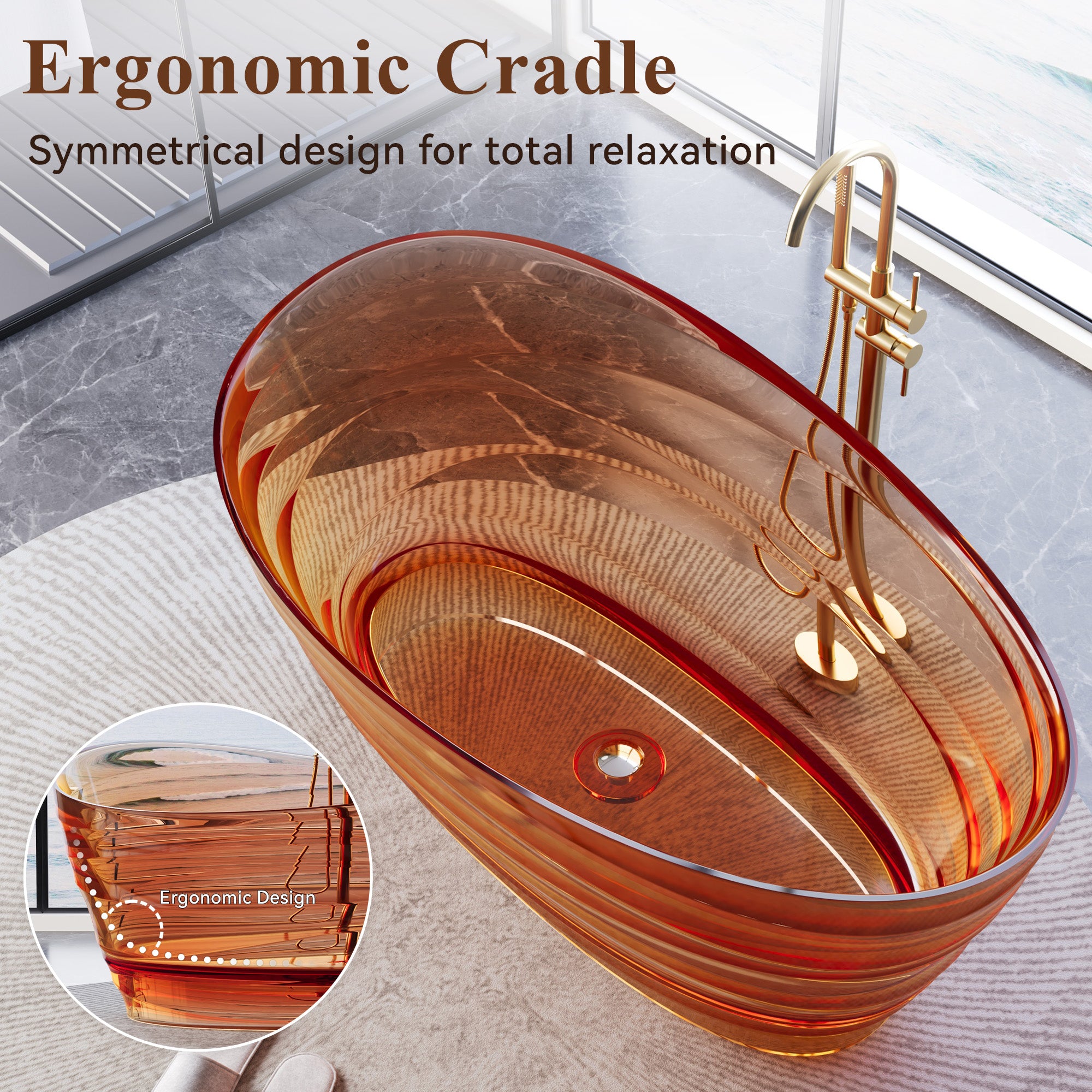 62" Pure Resin Transparent Freestanding Bathtub with Drain, Transparent Champagne